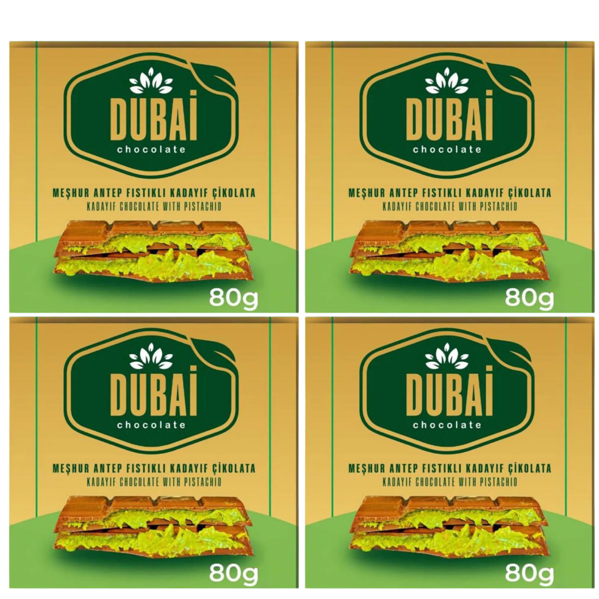 Dubai Chocolate Bar with Kadayif and Pistachio Cream 80g Dubai Kunefe knafeh Chocolate Small Gifts for Snack Treats Kids Family & Friend (Pack of 4)