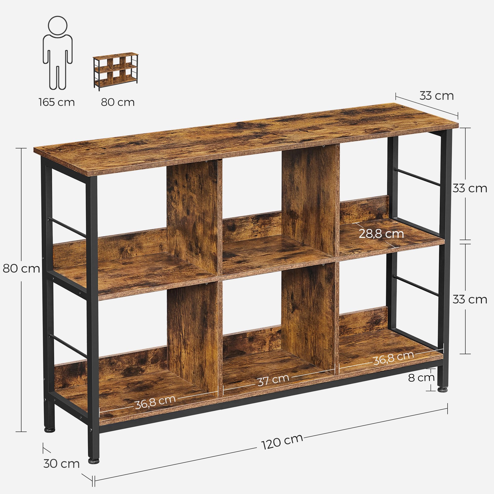 VASAGLE Meuble de Rangement 2 Niveaux, ÉtagÈre Rangement, BibliothÈque Style Industriel, 6 Cubes, pour Salon, Bureau, EntrÉe, Cuisine, 33 x 120 x 80 cm, Marron Rustique et Noir LLS104B01