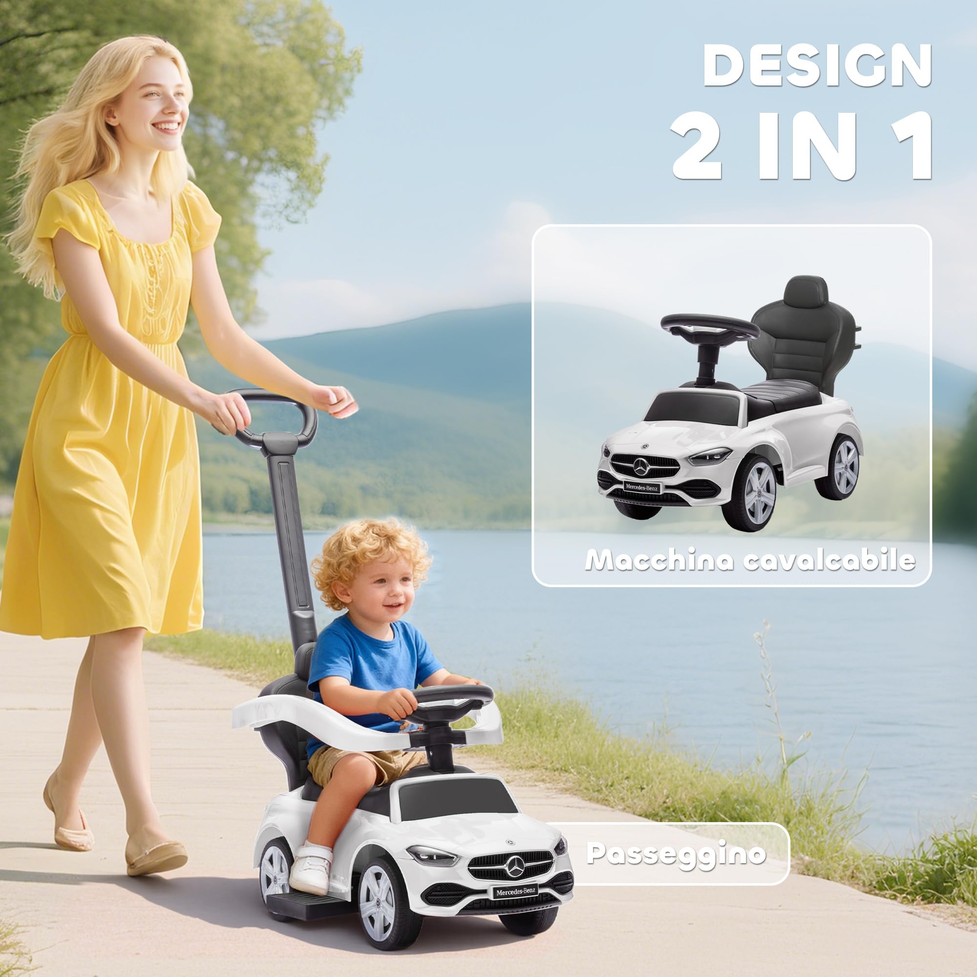 AIYAPLAY Macchina Primi Passi Cavalcabile per Bambini 1-3 Anni Convertibile in Passeggino con Maniglione, Barriera a 360° e Volante, Auto Cavalcabile in PP e Acciaio, 91x40x83 cm, Bianco