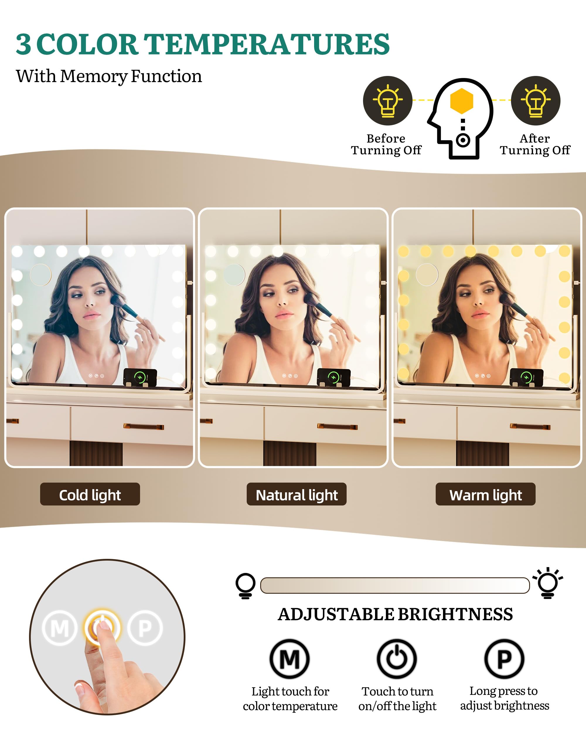 YITAHOME Lusterko do makijażu LED, 18 diod LED, styl Hollywood, ze złączem USB i typ C, 3 temperatury barwowe ściemniane, 10 x lustro powiększające i uchwyt na telefon komórkowy, białe, 80 x 60 cm