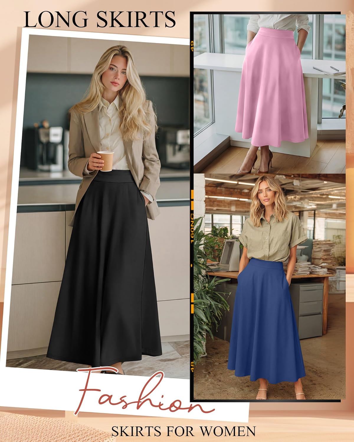 Ficerd 3 Pack Women's Maxi Long Skirts with Pockets, A Line Ankle Length High Waisted Flowy Soft Summer Casual Skirts - Image 4