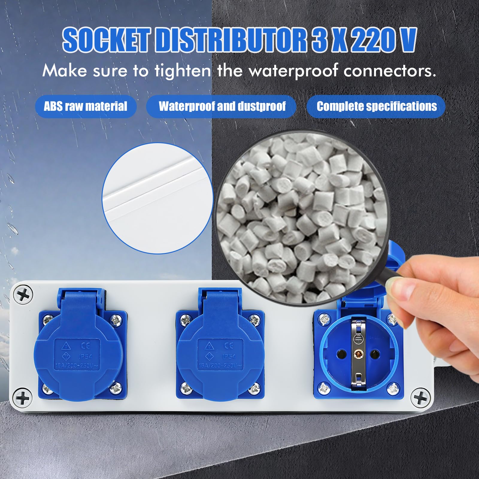 Distribuidor de Enchufes de Pared Caja de Distribución Tomas Schuko 3 x 220V IP54 Distribuidor de Pared 16A con Cubierta Protectora Individual para Talleres, Interiores y Exteriores