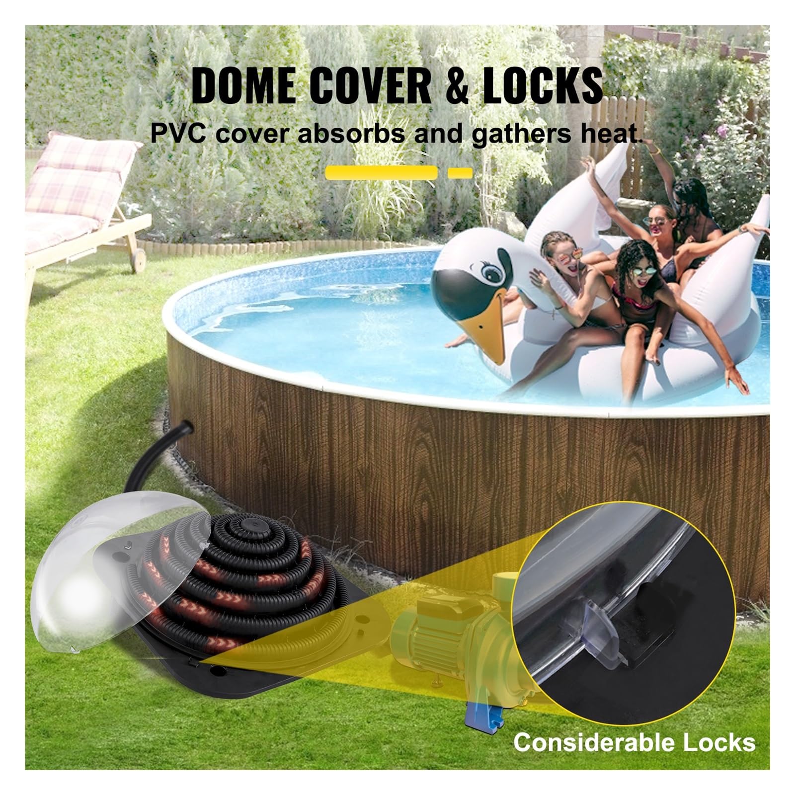 Kit de chauffage pour piscine, Chauffe-dôme solaire pratique dans le sol/hors sol chauffe-eau de piscine dôme chauffé par le soleil noir for piscines extérieures Pour piscines hors-sol et enterrées