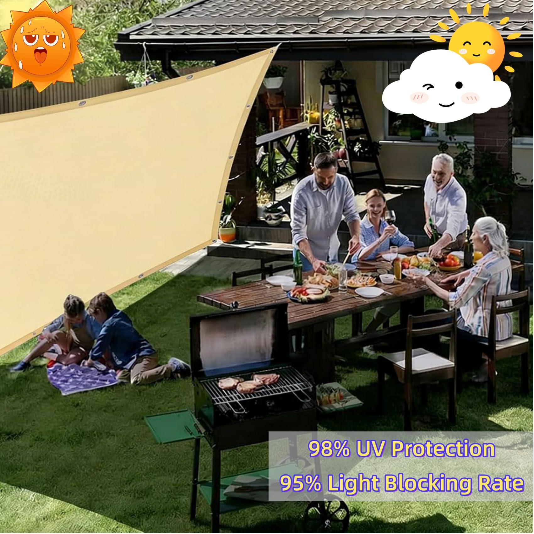 Sonnensegel 160 x 180 cm Wetterschutz Uv-Schutz Rechteckig Sonnenschutz Sonnendach Ohne Bohren mit Ösen Und Seil Nach Mass für Balkon Terrasse Garten Pool Camping, Sandgelb
