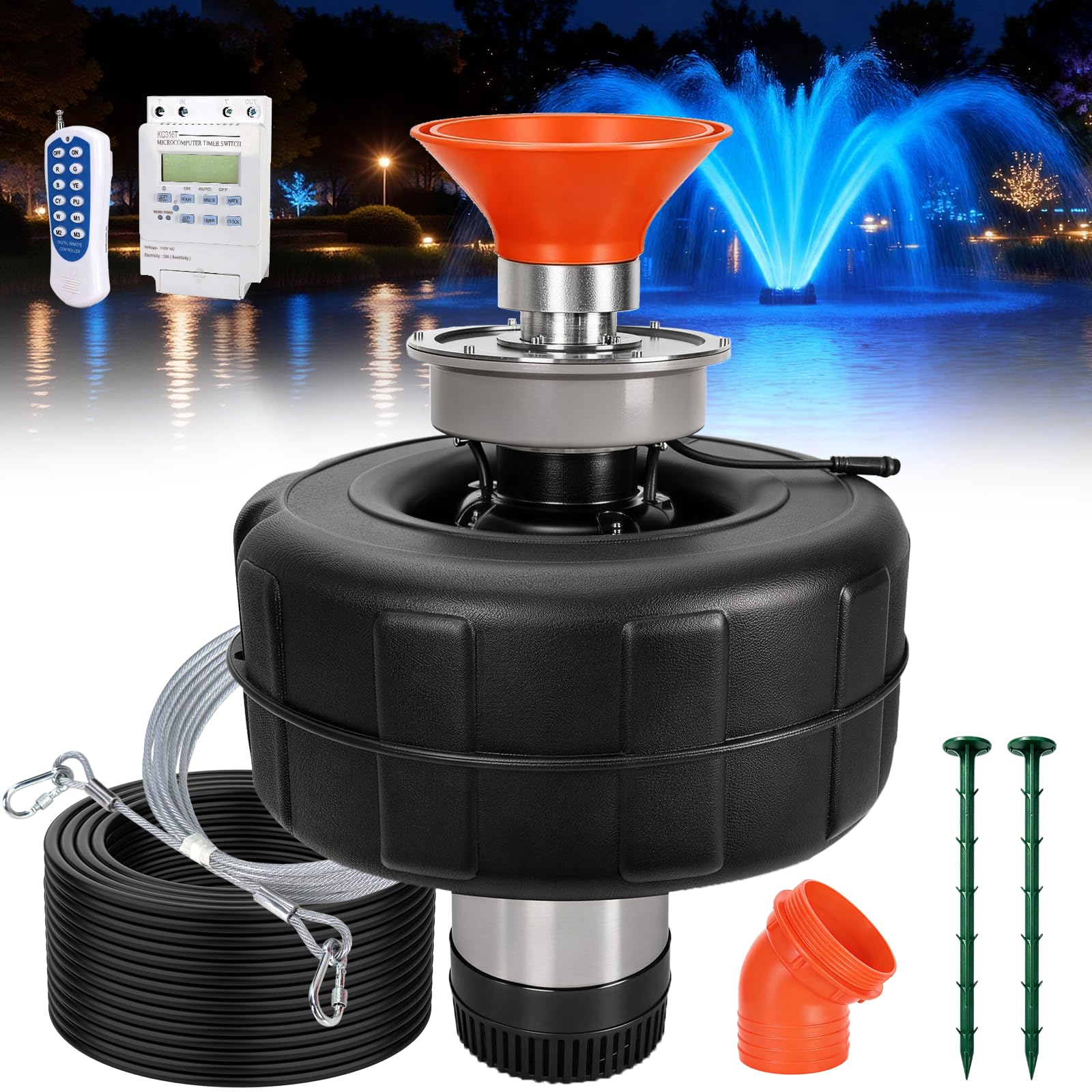 Pond Fountain Aerator-with Light RGB LED, 7-Color Tuning,1HP/750W/15000GPH Pump,Upgraded 150 ft Steel Cable,with 100FT Power Cord and Timer,Floating Pond Aerator for Ponds &amp; Lakes,10-year warranty
