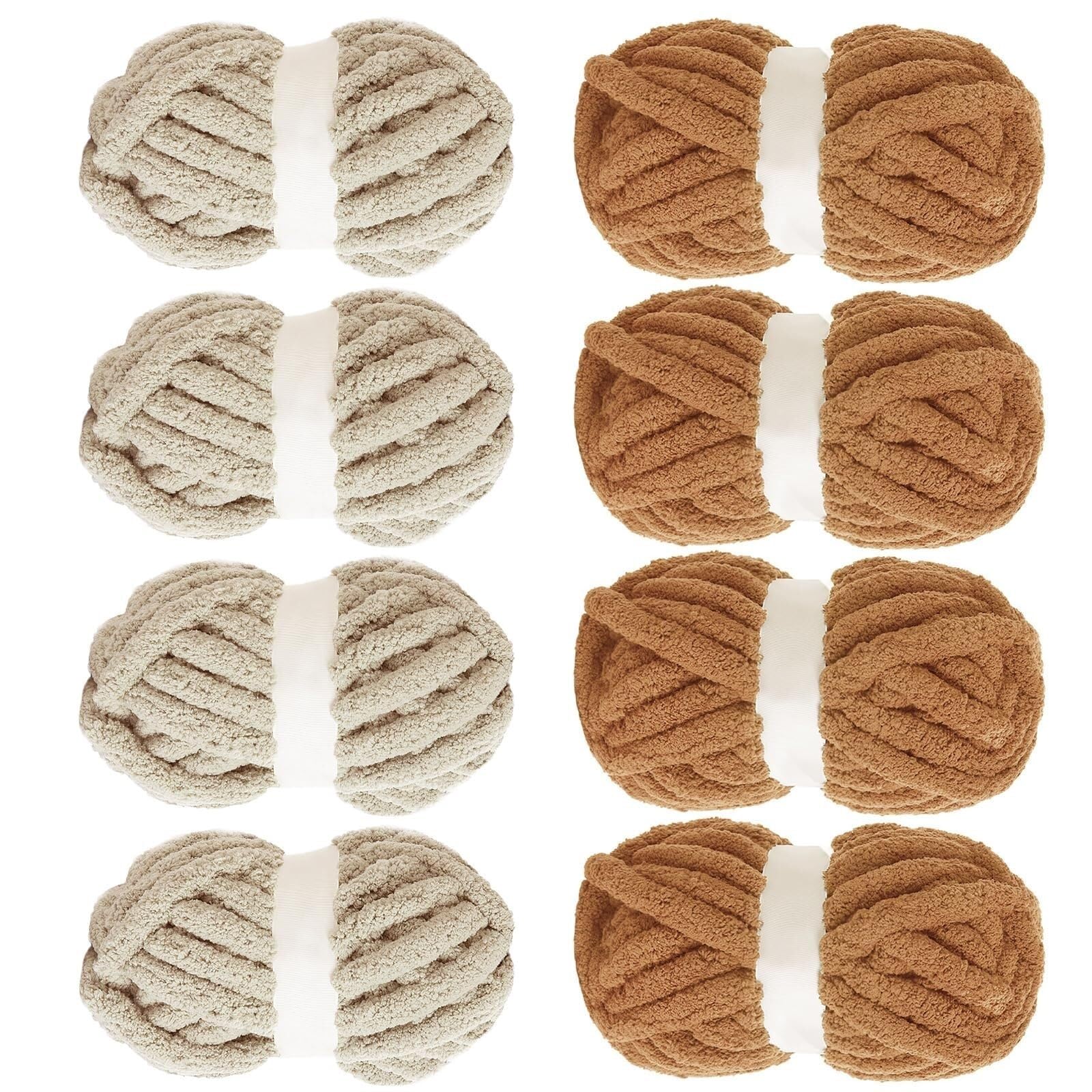 8 Pack Assorted Chunky Yarn for Crocheting, Fluffy Jumbo Chenille Yarn, Soft Plush Yarn Bulky, Giant Thick Fuzzy Yarn for Hand or Arm Knitting, Cream & Khaki&Sage&Grey (Khaki & Coffee)