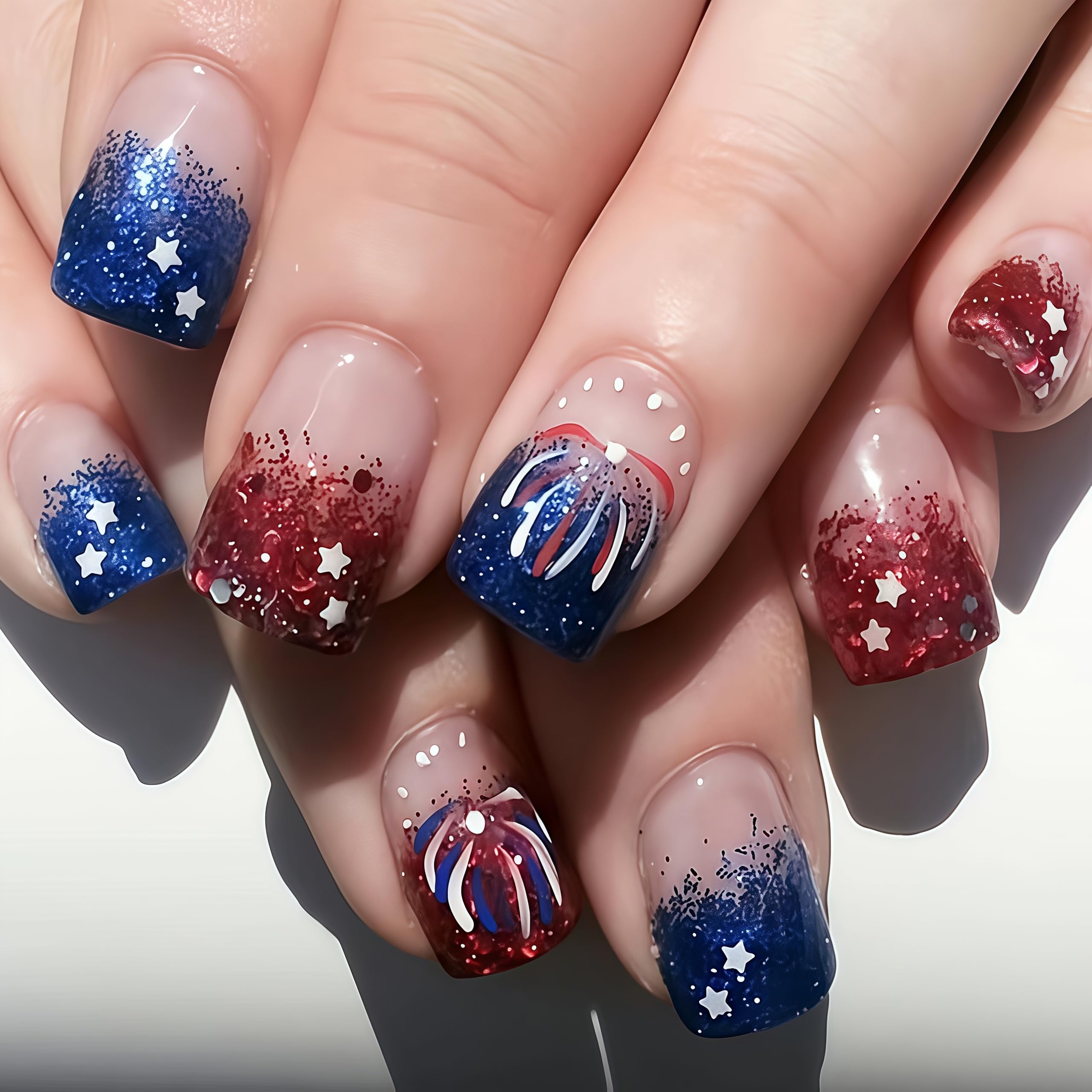 4th of July Glitter Fireworks Press on Nails Short Square Fake Nails Independence Day French Tips Design False Nails Full Cover Glossy Patriotic Stars