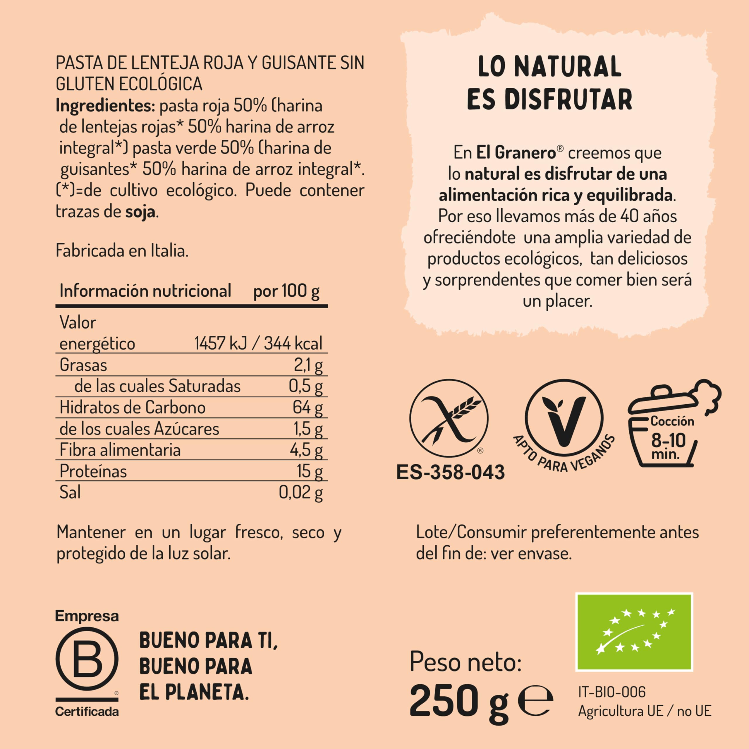 Pasta Lenteja y Guisantes Sin Gluten Bio - EL GRANERO INTEGRAL Apto Veganos