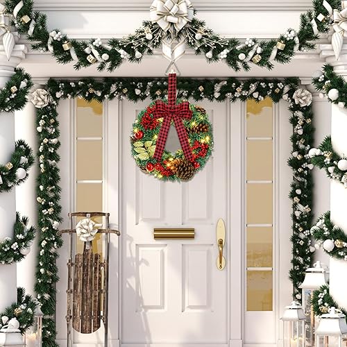 Miniatura 3 de Ceenna 6 coronas LED de Navidad para exteriores, de 15.7 pulgadas, con lazo rojo, coronas artificiales de Navidad con luces, conos de pino, bolas