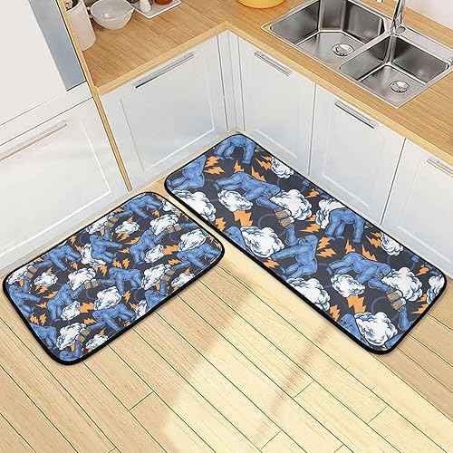 Miniatura 2 de Juego de 2 tapetes de cocina para piso, estampado de gorila azul, antideslizantes, acolchados, absorbentes de agua, tapetes para puerta para