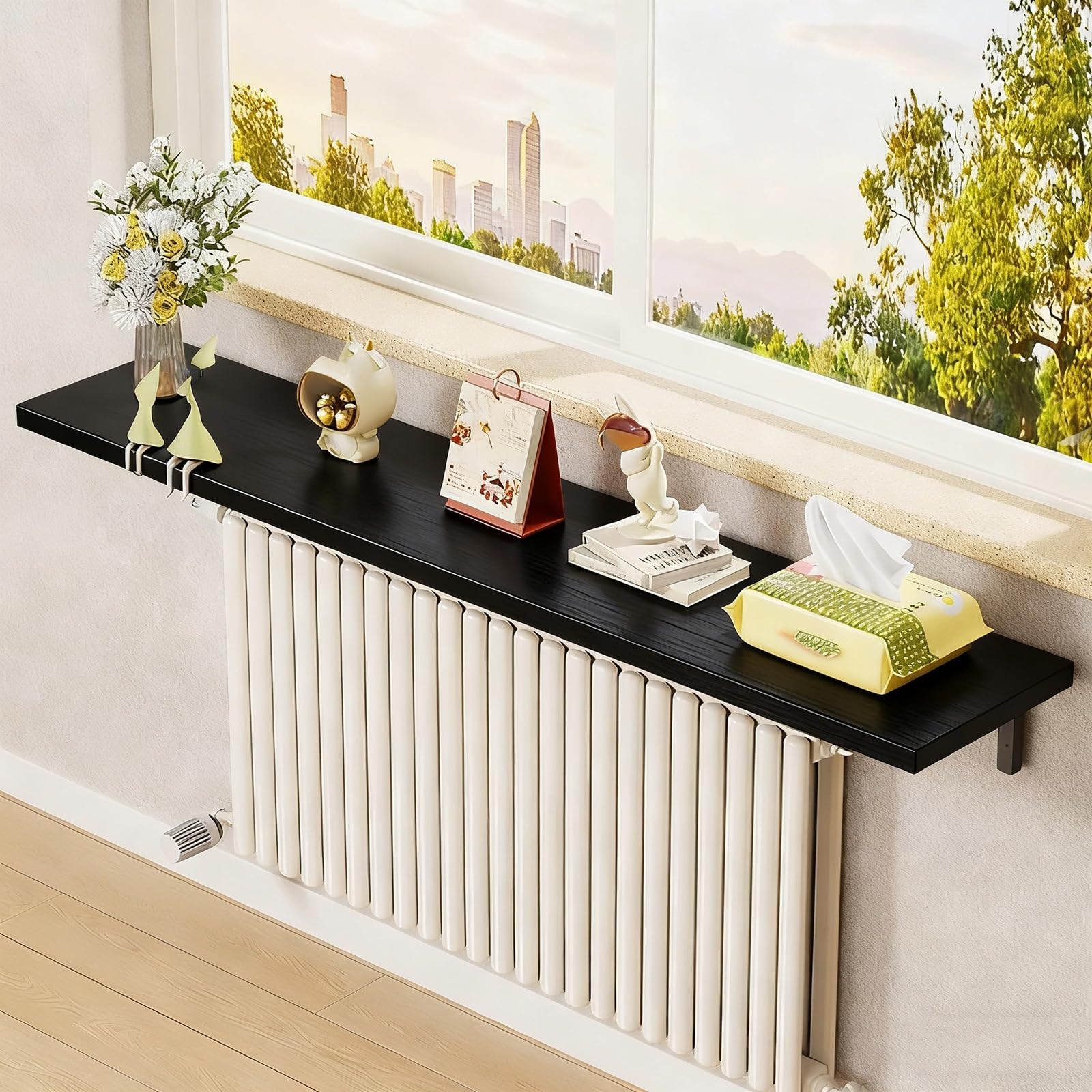Étagère radiateur bois noir 120x30cm avec support pour salon et cuisine