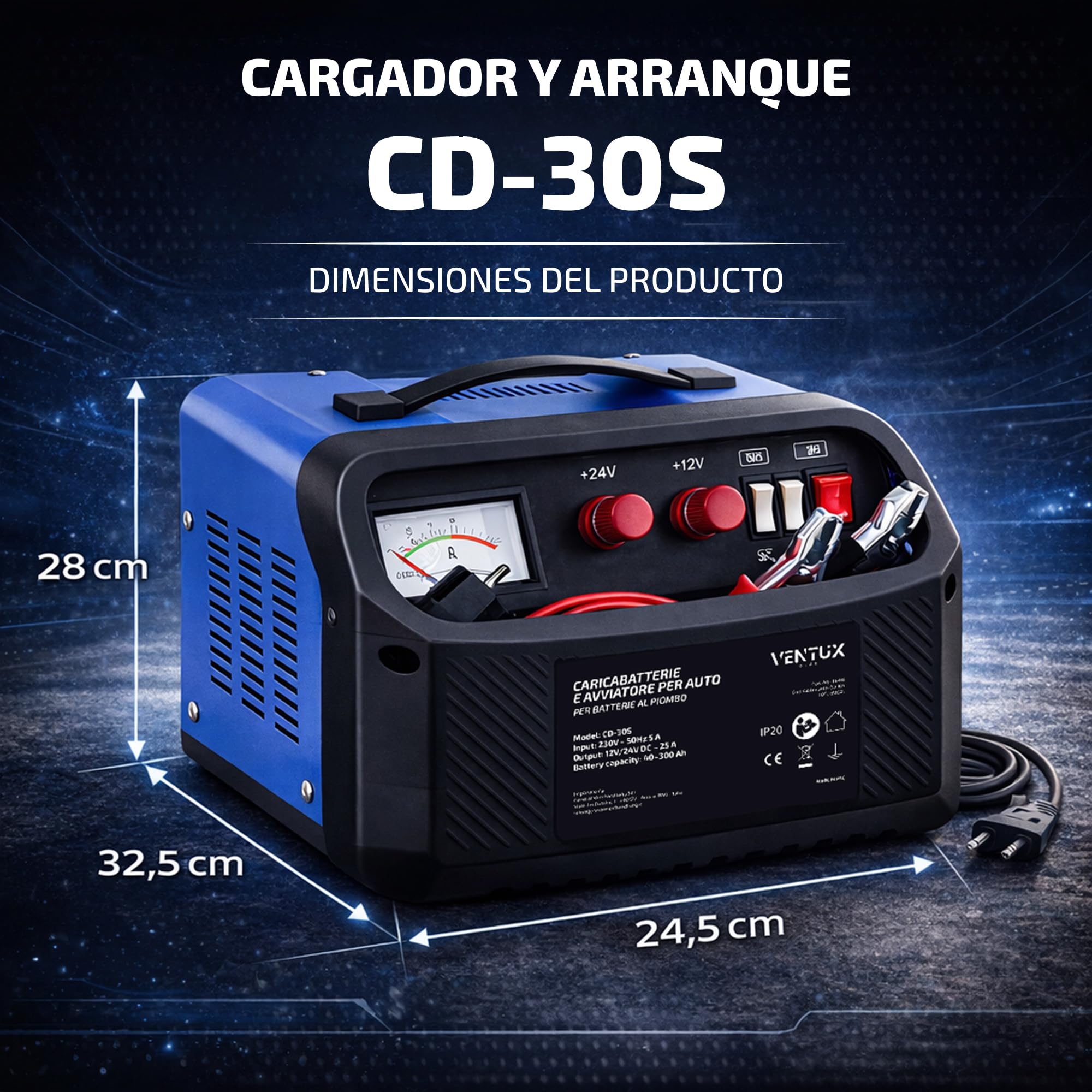 Cargador de Batería de Coche 12V/24V CD-30S – Función Arranque 160A/260A | Cargador Bateria Moto y Vehículos con Amperímetro | Cargador Bateria 12V Plomo con Protecciones de Seguridad