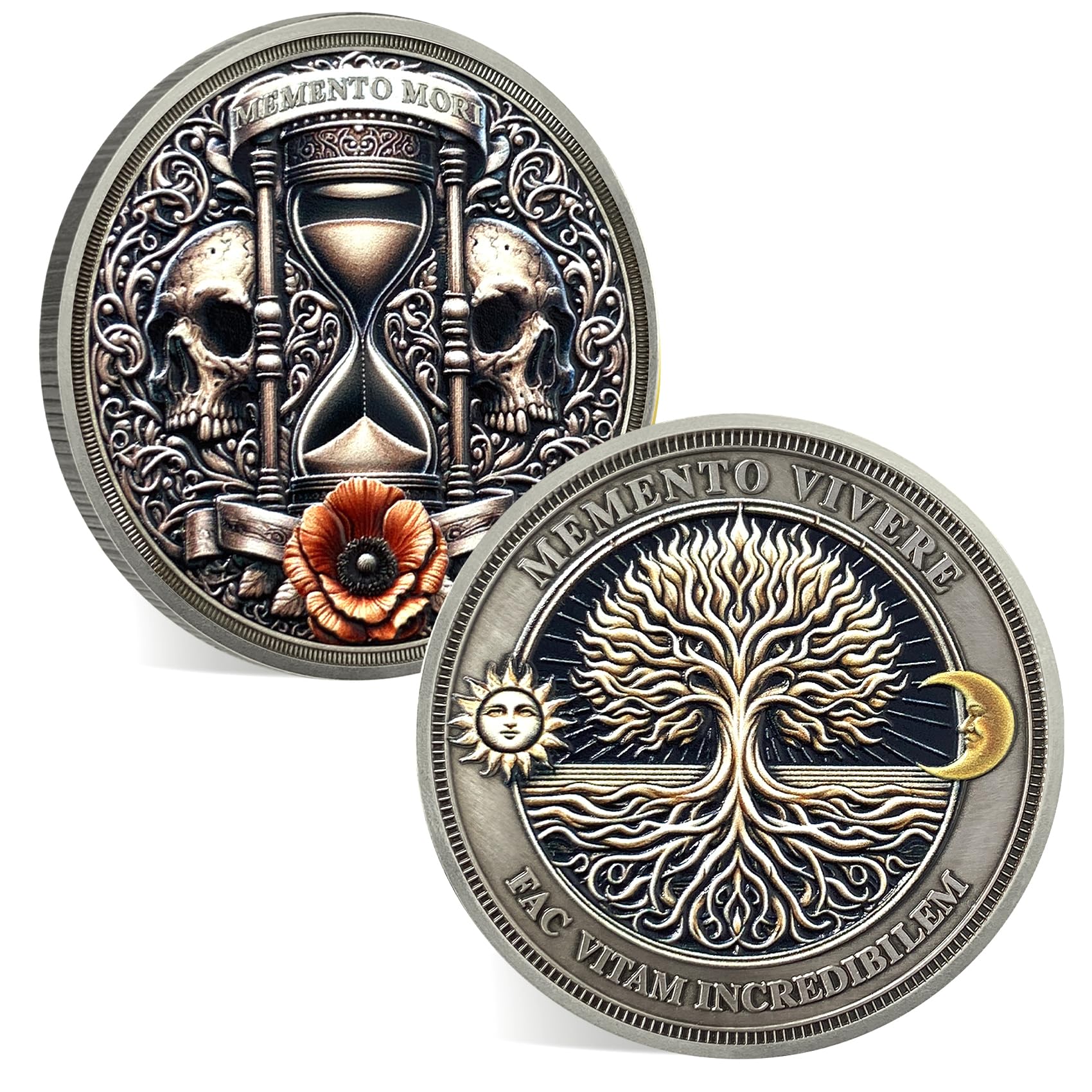 ACGZQY Memento Mori Coin, Skull Tree of Life Memento Vivere Coin Stoic EDC Challenge Coin for Daily Practice