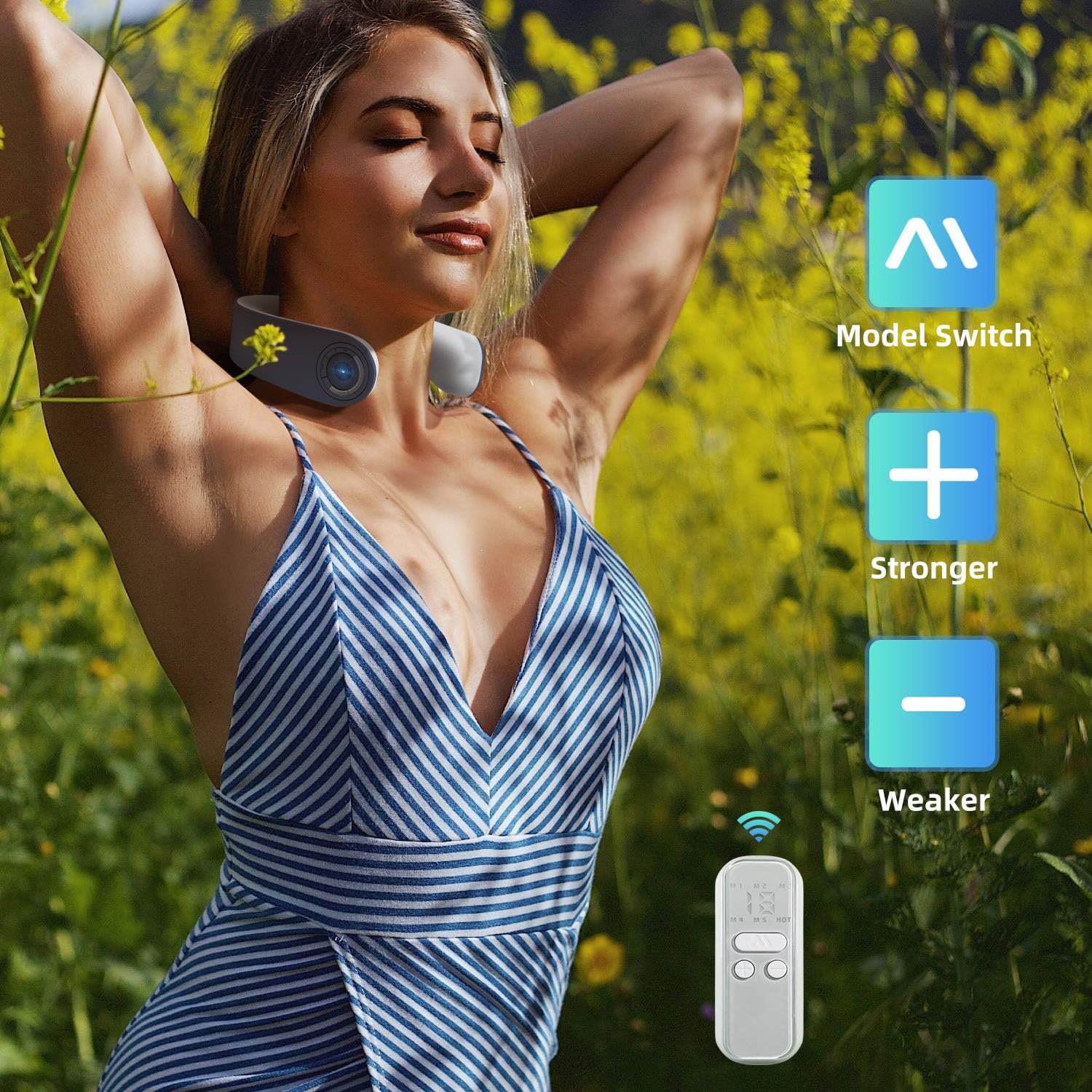 Person relaxing with realink Neck Massager, showing remote control for Model Switch, Stronger (+), and Weaker (-) intensity.