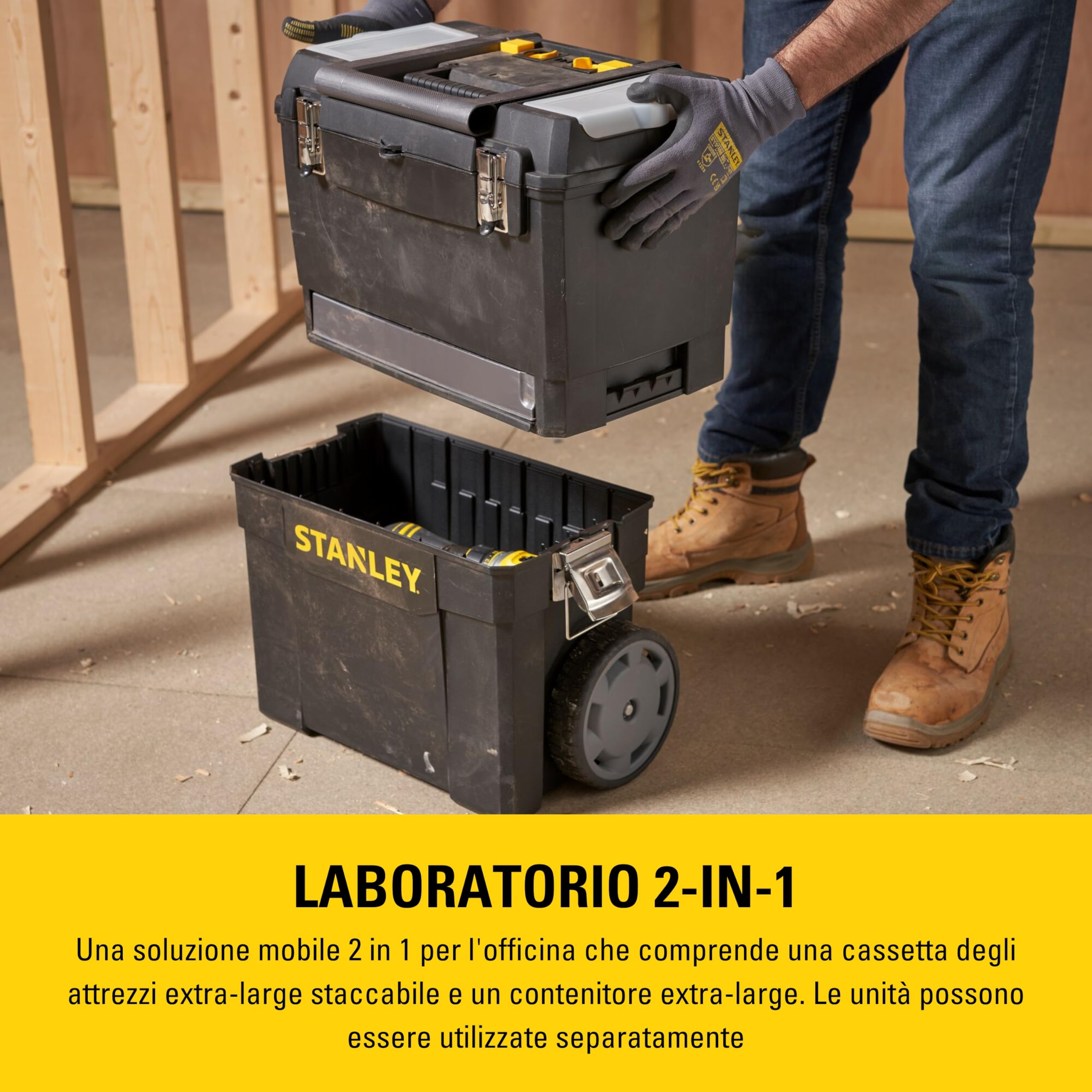 Centro di lavoro mobile STANLEY, officina mobile 2 in 1 con unità impilabili e cassetta degli attrezzi rimovibile, 1-93-968