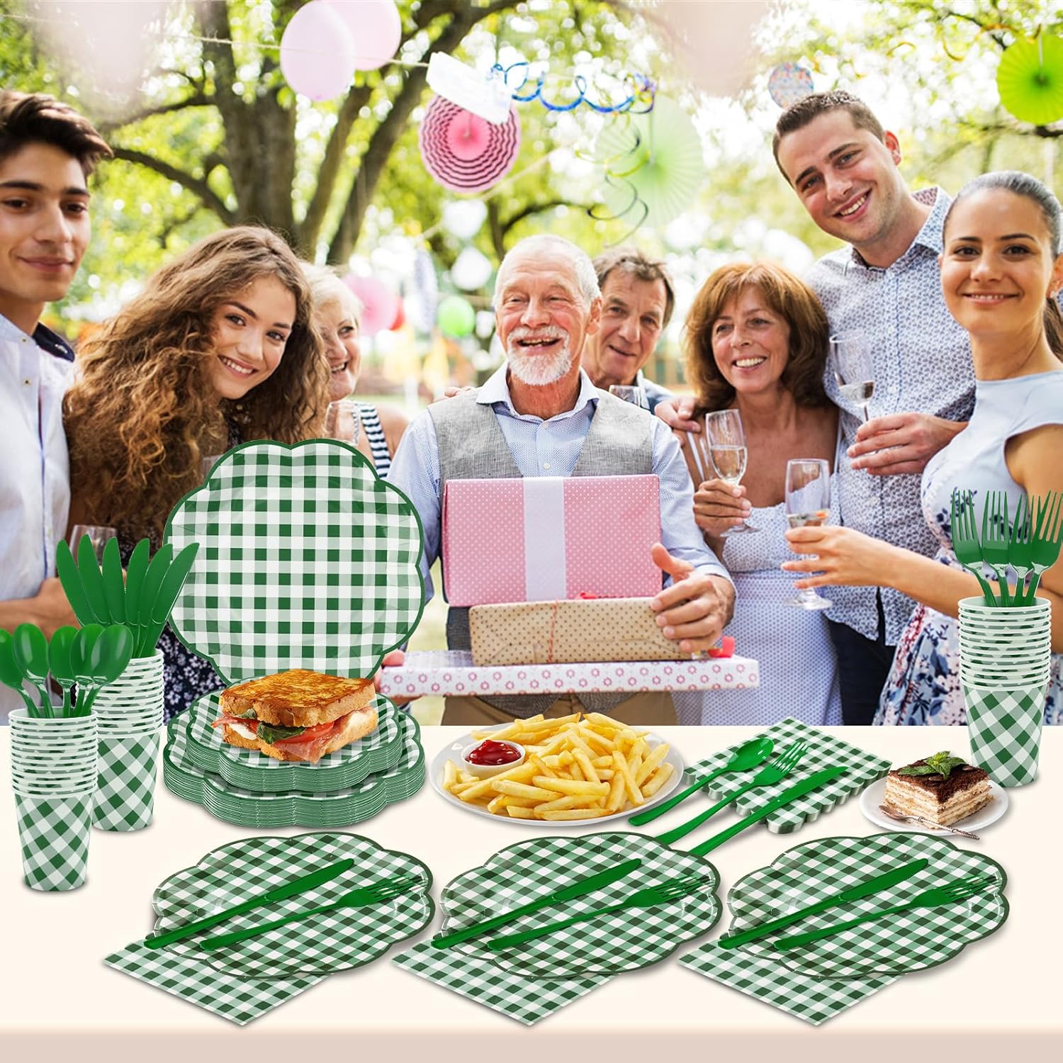 175 Pcs Green Gingham Plates and Napkins Party Supplies - Green and White Checkered Plates Sets Serve 25 Guests - Scalloped Gingham Paper Plate for Picnic BBQ Golf Party Decorations