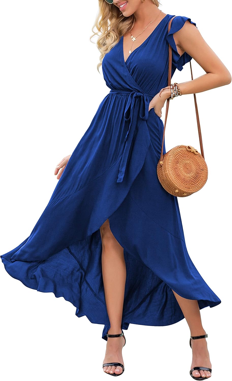 GRECERELLE 2026 Women's Spring Summer Boho Floral Print V-Neck Faux Wrap Maxi Dress for Wedding Guest, Graduation, Party