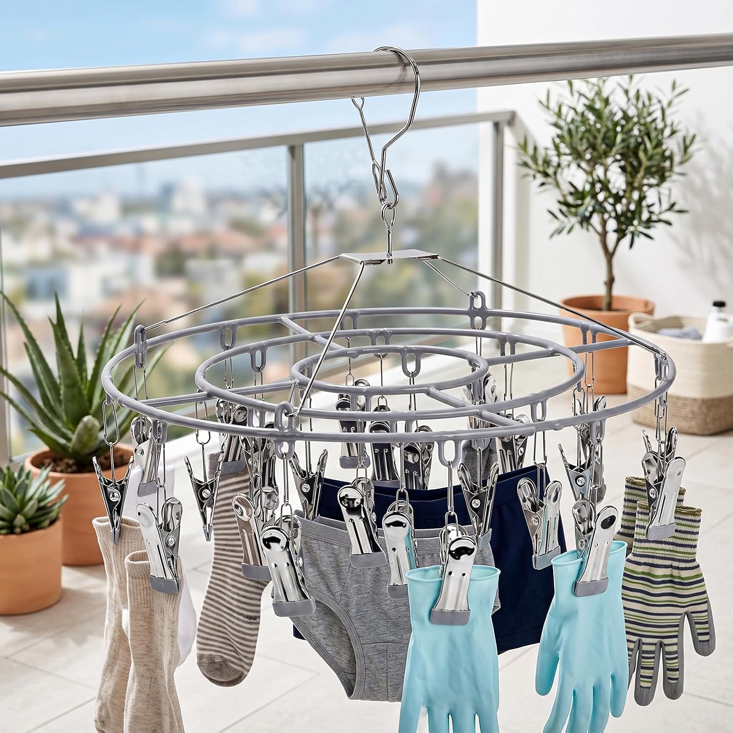 Foraineam 2 Pcs Stainless Steel Sock Drying Rack with Non-Slip Coated Clips