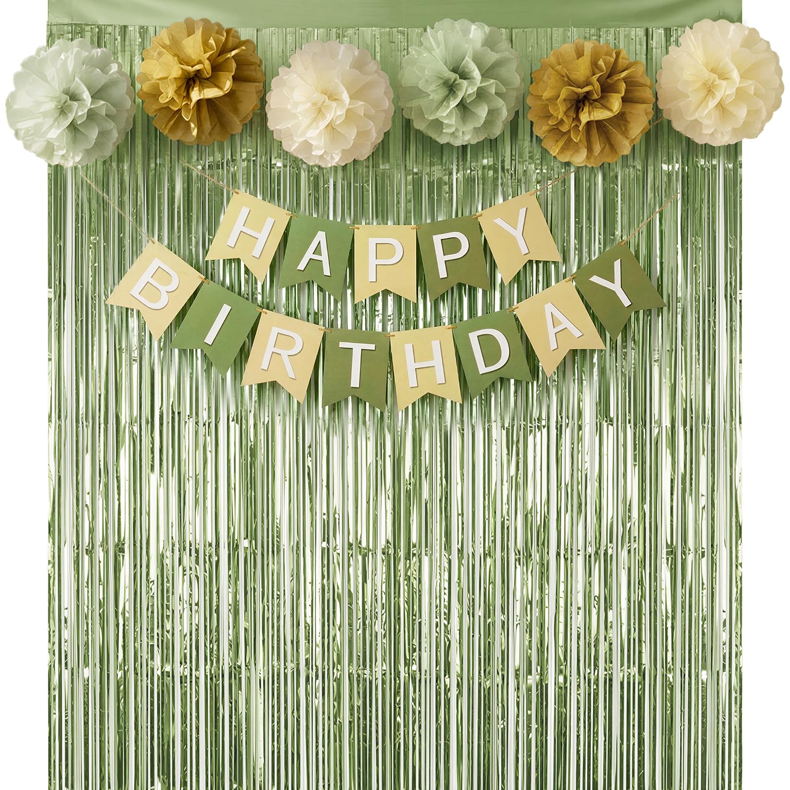 jijAcraft Sage Green Birthday Decorations Set: Pre-Strung Green Brown Happy Birthday Banner, 2PCS Tinsel Foil Fringe Curtains, 6PCS Tissue Paper Pom Poms for Men Women Party Decoration — image 1