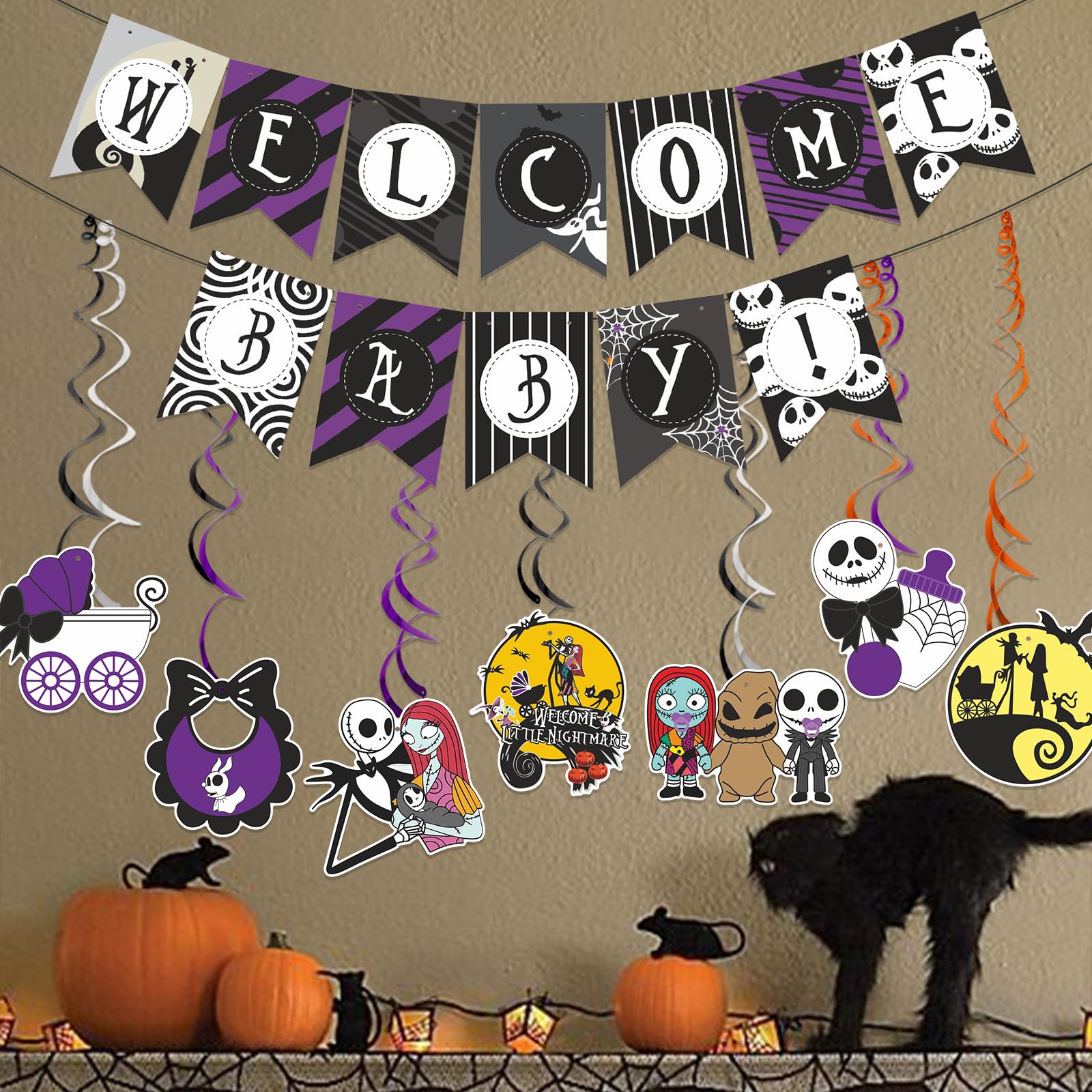 Welcome Baby Halloween Banner - Pink Glitter Ghost Pumpkin Baby Shower Decorations - View #10