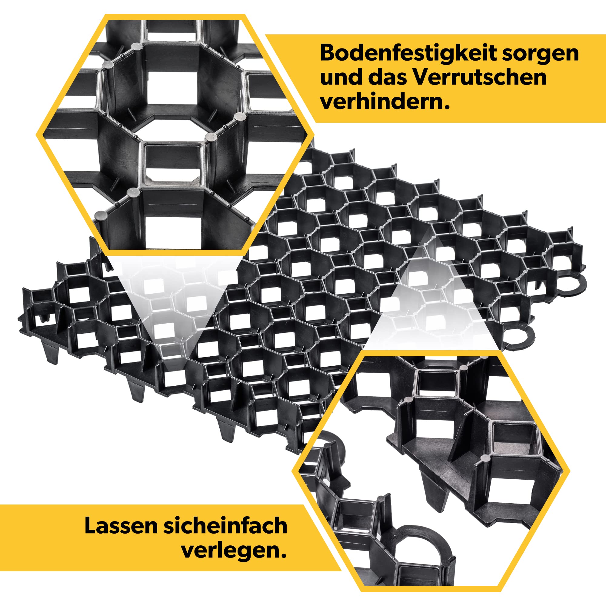KADAX Rasengitter aus Kunststoff, 50x50cm, 6 m², Rasenschutzgitter, Rasenwaben mit Stellen für Verankerungen, befahrbarer Rasenwaben, Paddockplatte, Rasengitterplatten (Schwarz, Quadratisch, 24 Stück)