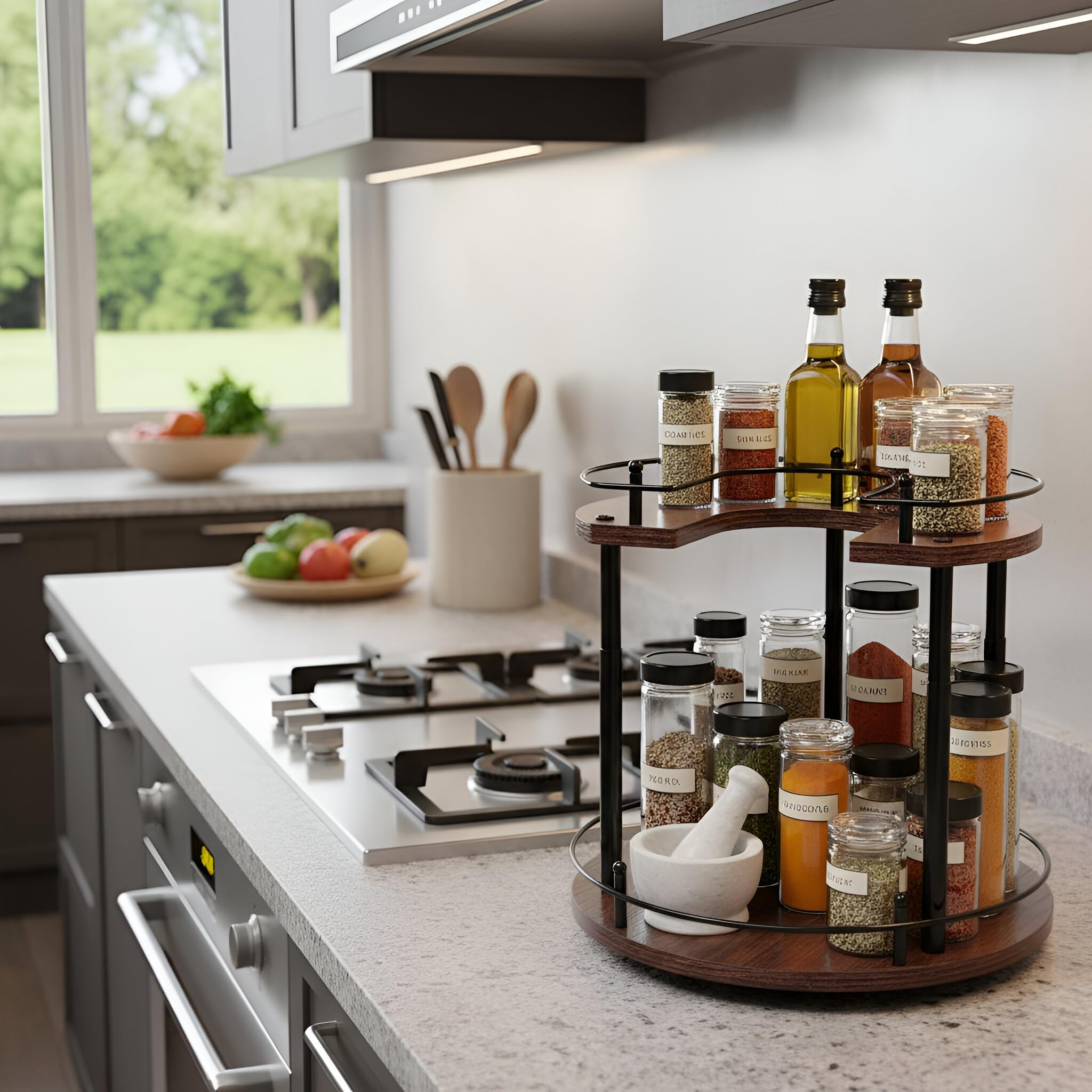 Estante de Especias Giratorio de Madera de 2 Niveles Lazy Susan | Organizador giratorio madera 35 cm, bandeja ajustable en altura para armario, encimera y despensa, diseño compacto y versátil