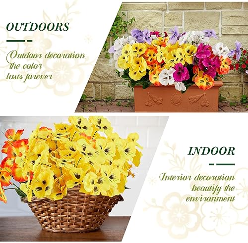 Miniatura 6 de Tigeen 15 piezas de pensamientos artificiales multicolor artificiales para exteriores, flores de imitación para macetas al aire libre, flores de