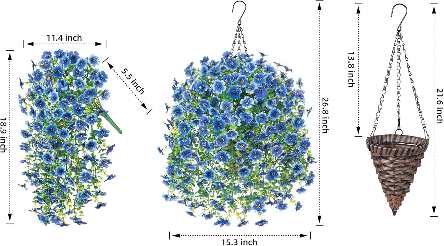 HyeFlora Artificial Hanging Flowers Basket for Outdoor, Fake Flowers Faux Plants Look Real for Yard Gardens Porch Patio Home (Blue) - Image 4