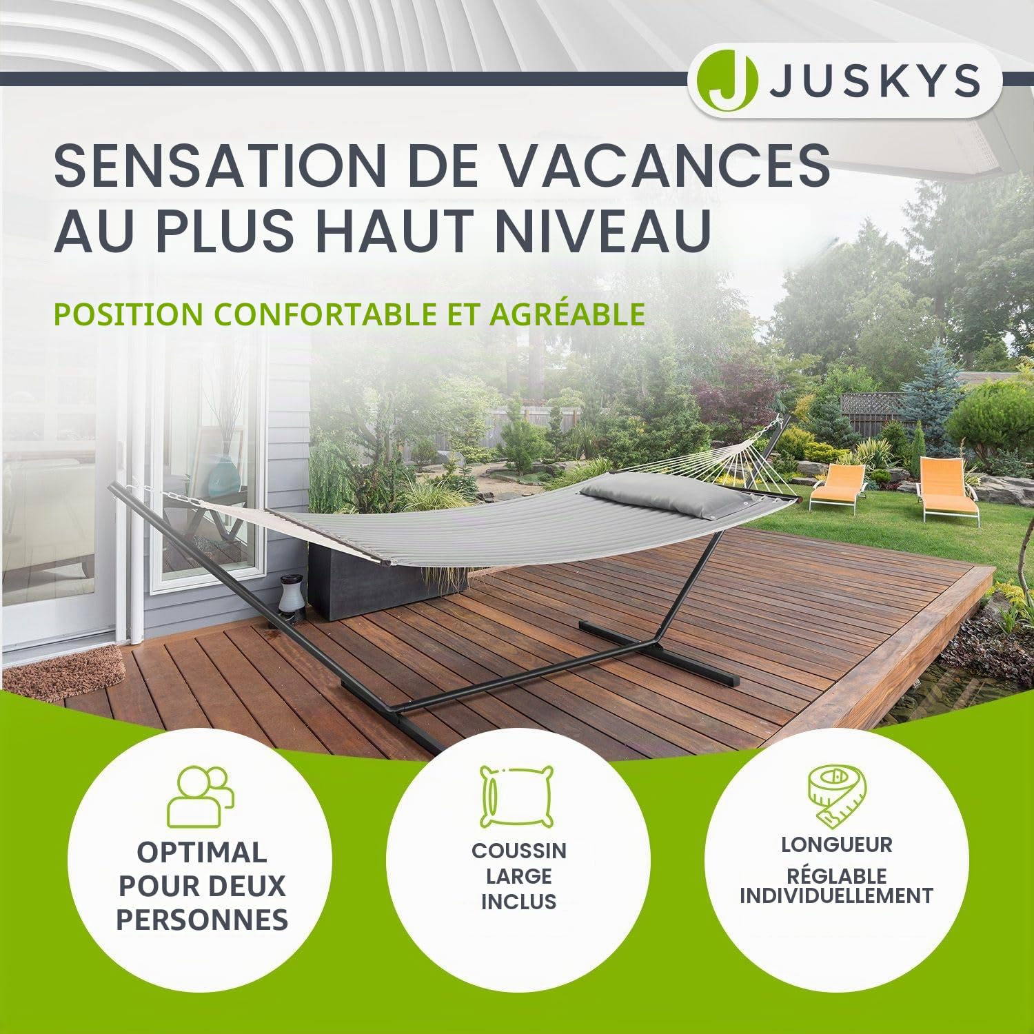 Hamac Cata de Juskys avec châssis et Coussin - hamac Double d'extérieur, pour 2 Personnes - hamac Double avec châssis, supportant jusqu'à 200 kg - Gris Clair