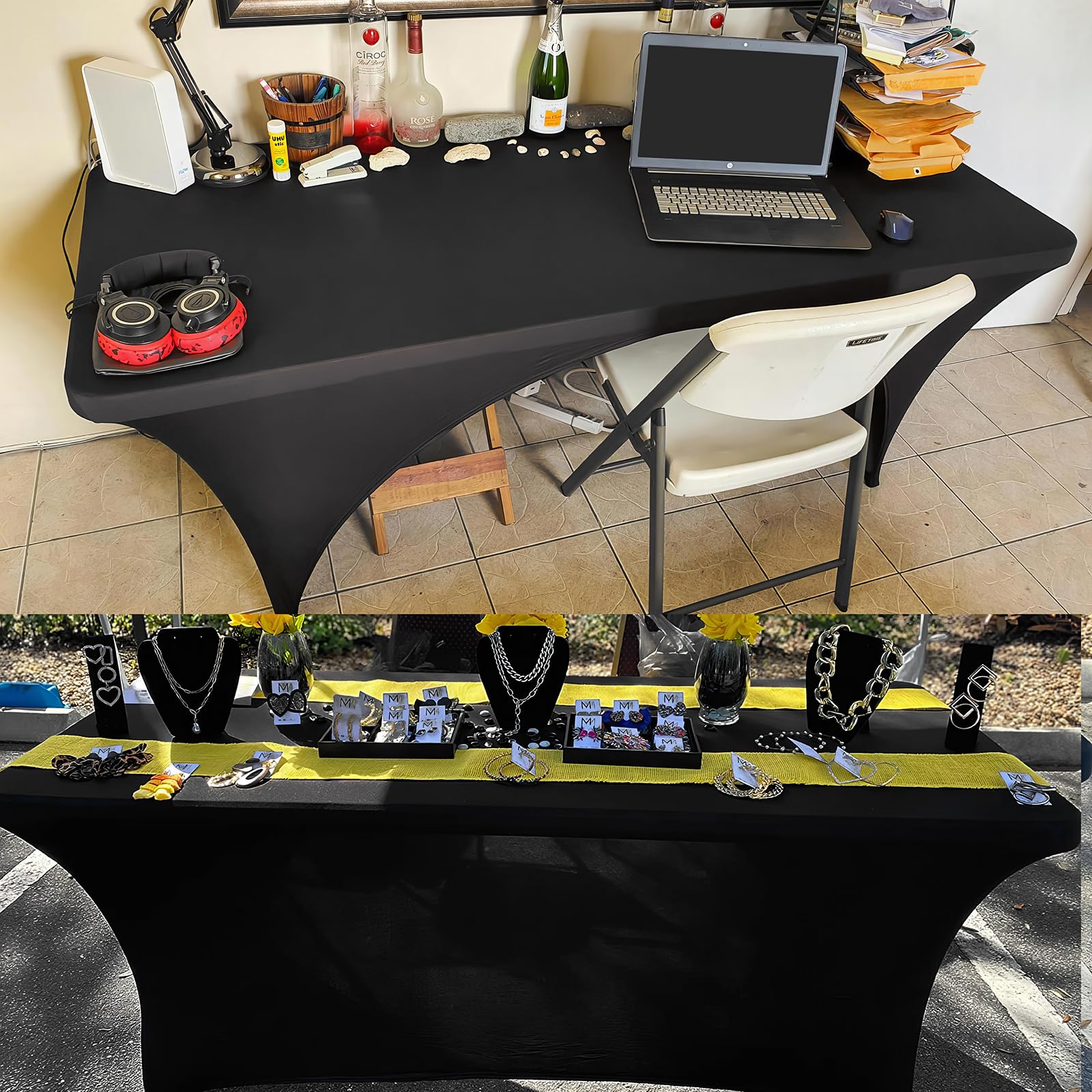 Mantel Rectangular, Lavable, Mantel Estirable, Banquete, Boda, Fiesta, Vacaciones, Eventos, 183 x 76 x 76 cm, Negro, Paquete de 2