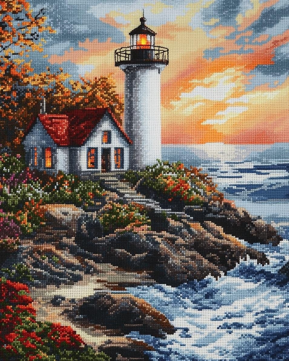 WallustrioaW Stamped Cross Stitch Kits for Adults,Lighthouse Hut,11CT Cross-Stitch for Home Wall Decor DIY Embroidery Kit Needlework Crafts,40x50cm