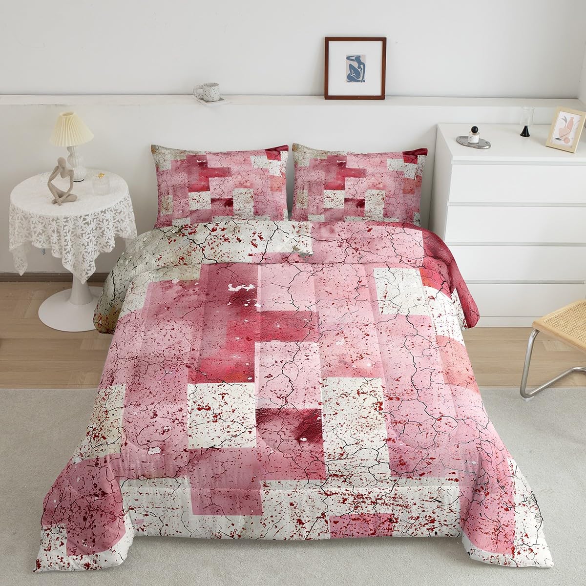 Juego de ropa de cama geométrica para niños y niñas con edredón matrimonial rosa