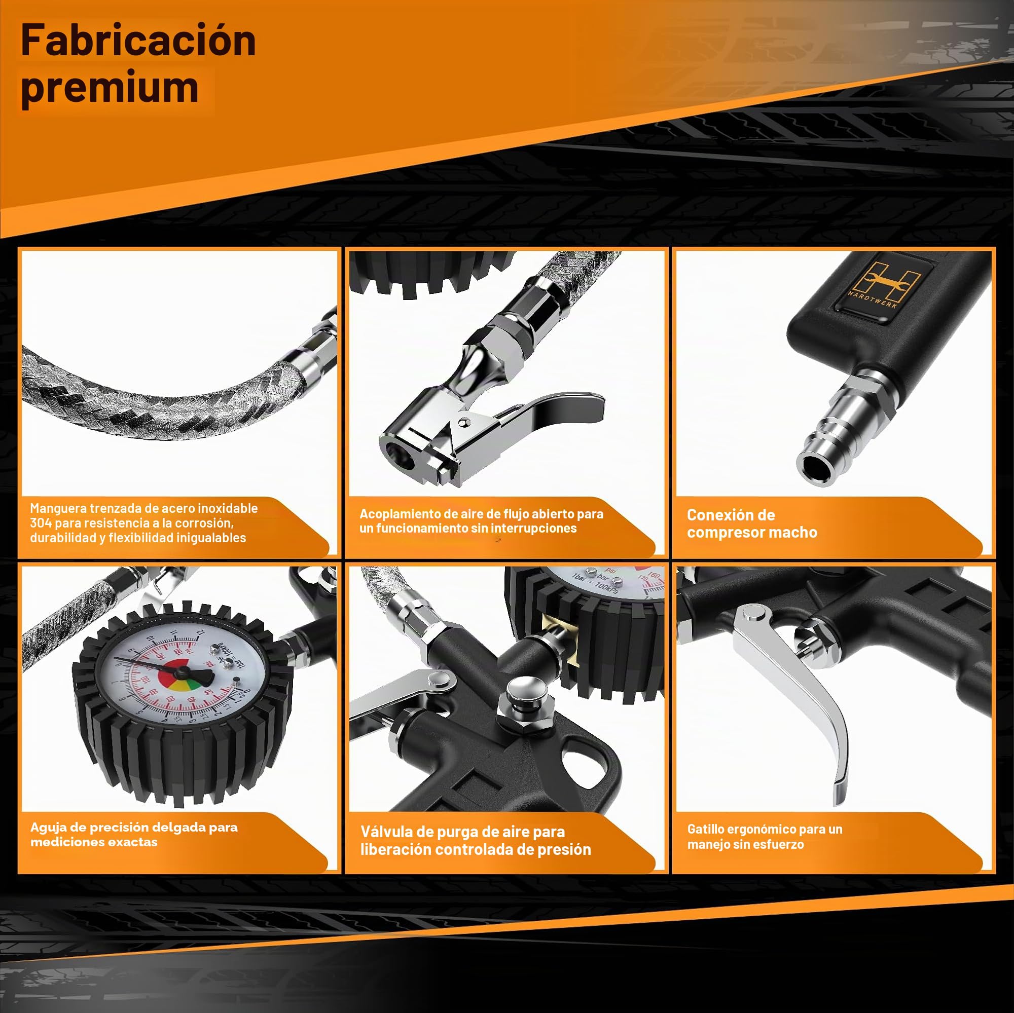 Hardtwerk Manometro Presion Neumaticos | Rango de medición del manómetro:170PSI 12 bar | Tubo de acero inoxidable 304 | manómetro para coches, motos, coches y camiones