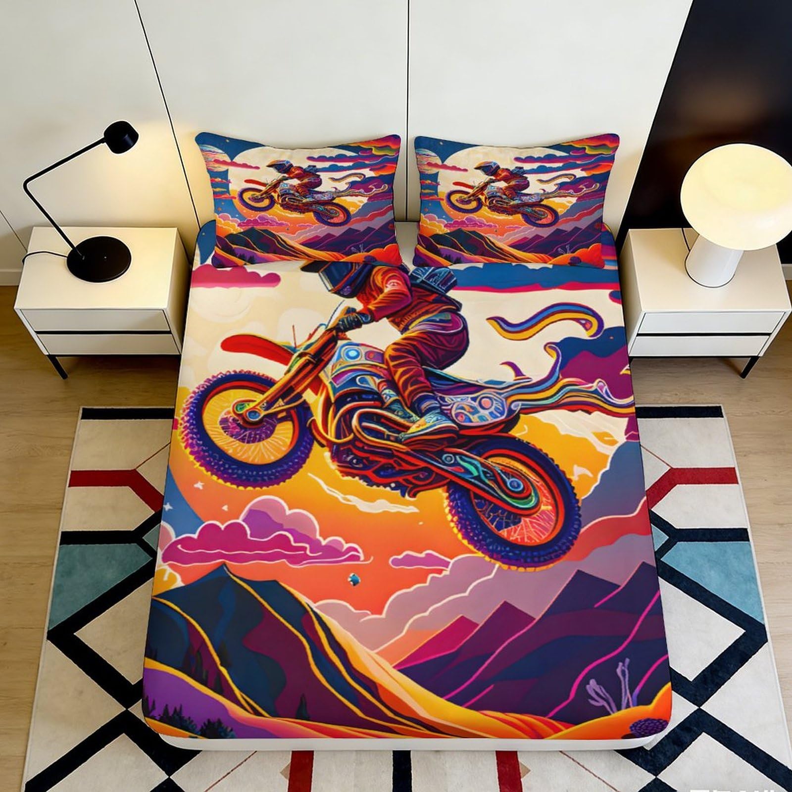3D Printed Colorful Motocross Rider Fitted Sheet Microfiber Soft Breathable Sunset Mountain Mattress Cover for Bedroom Dorm Decor 160x200x25cm
