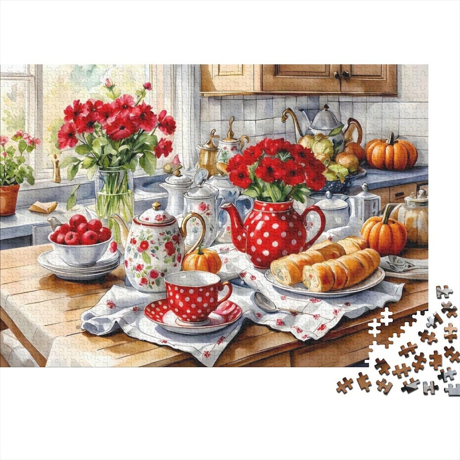 Country Kitchen Table Red Polka Dot Teapot 1000 Piece Jigsaw Puzzle Paper for Adults Cozy Home Decor Relaxation Gift Family Time 38x26cm/1000pcs โ image 1