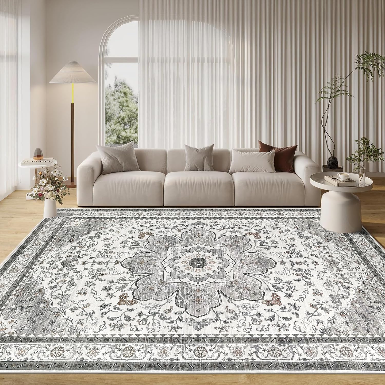 Ileading Bohemian Vintage Area Rug 6x9ft,Machine Washable Low-Pile Living Room Accent Carpet Non-Shedding Rugs for Bedroom Non-Slip Floor Throw Rugs for Dining Room,Kids Playroom(Grey) 6' x 9' (Rectangular) Grey&brown