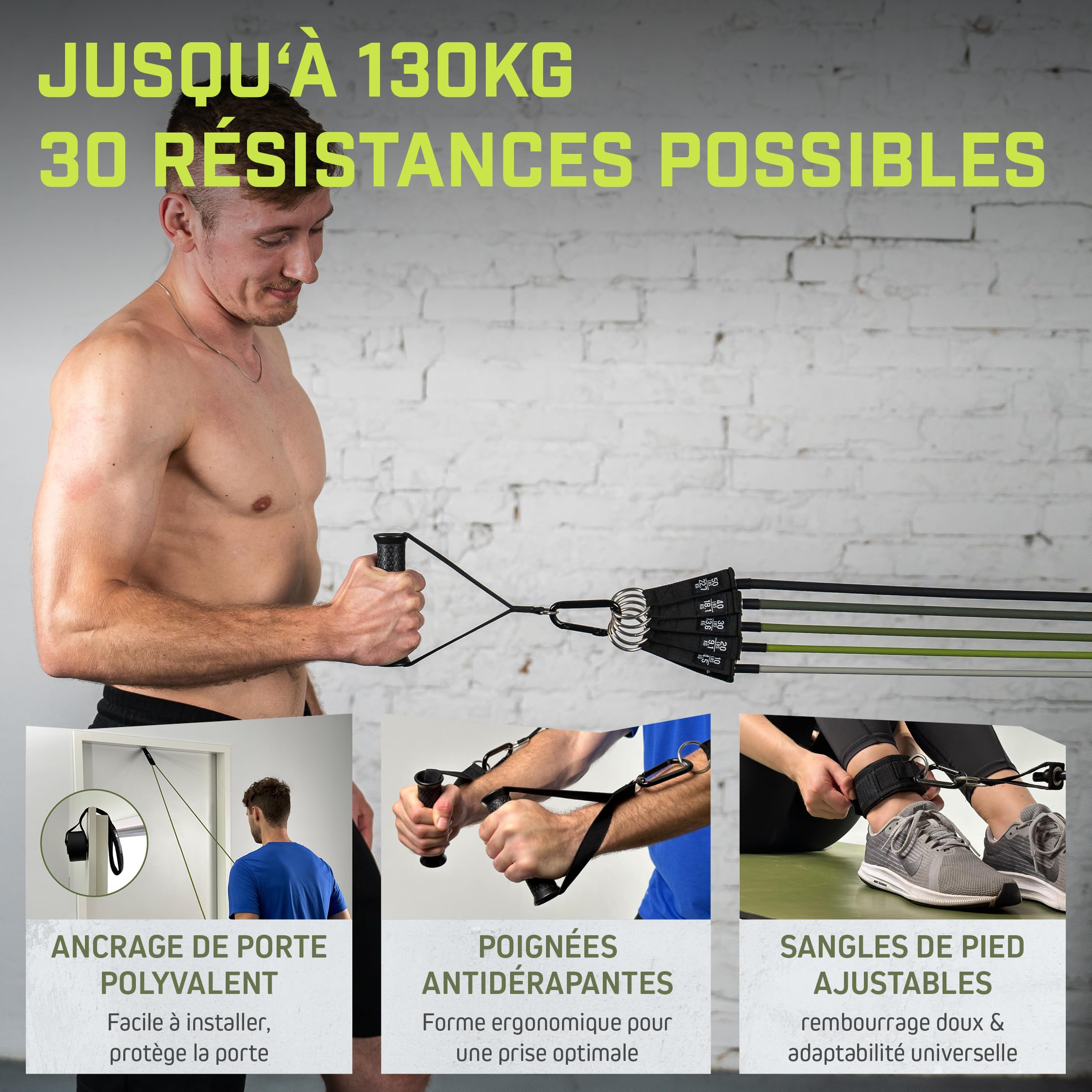Wild Instincts® Premium Bandes de Résistance Set pour Ton Entraînement à la Maison/Élastiques Musculation avec Poignées, Ancre de Porte et Boucles de Pied + Sac/Bande Musculation Set
