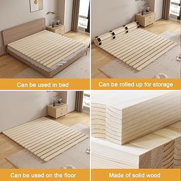 Folding Solid Wood Bed Frame,Foldable Japanese Floor Tatami Bed Frame,Wooden Roll-Type Slatted Floor Bed for Bedrooms,Guest Rooms,Dorm(78.7 D x 39.4 W, Khaki)
