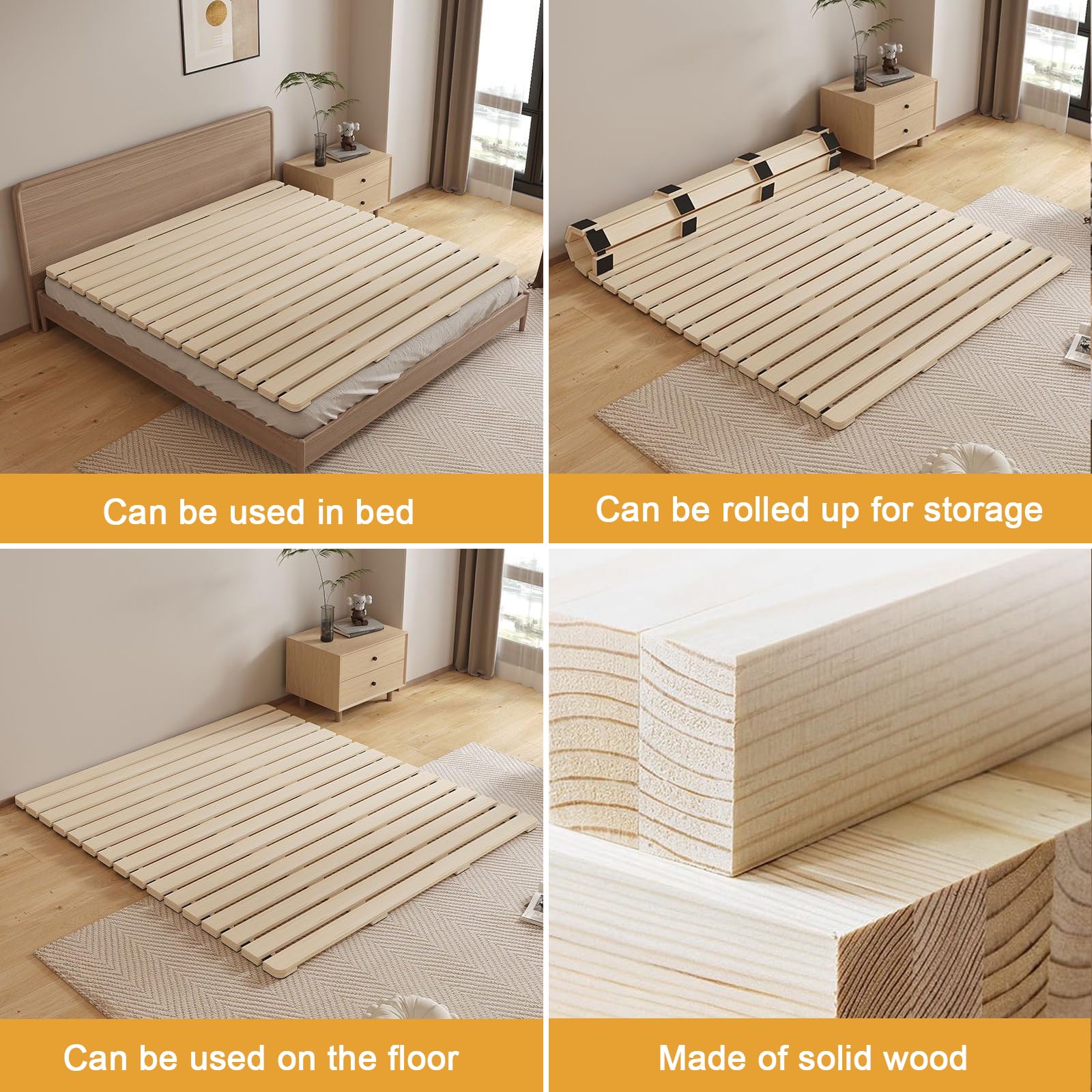 Lit japonais pliable en bois massif Roll-PE à lattes pour chambre à coucher, chambre d'amis, dortoir - Design compact - Kaki (190 x 135,1 cm)