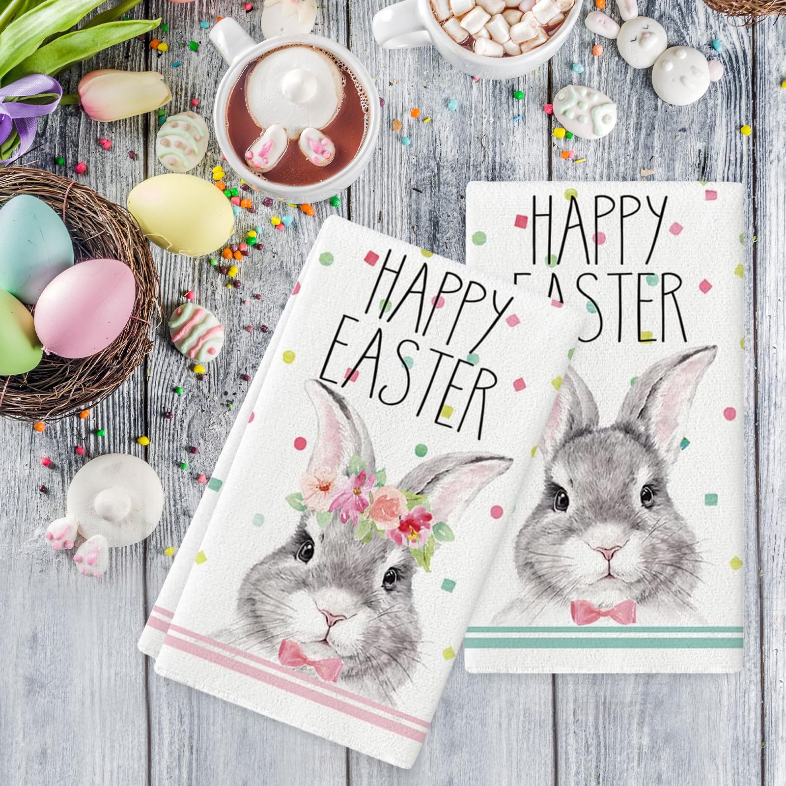 2 ściereczki do naczyń Happy Easter, Happy Easter, 43 x 66 cm, ręczniki do naczyń, bawełniane ręczniki wielkanocne, idealne jako dekoracja wielkanocna do domu/A