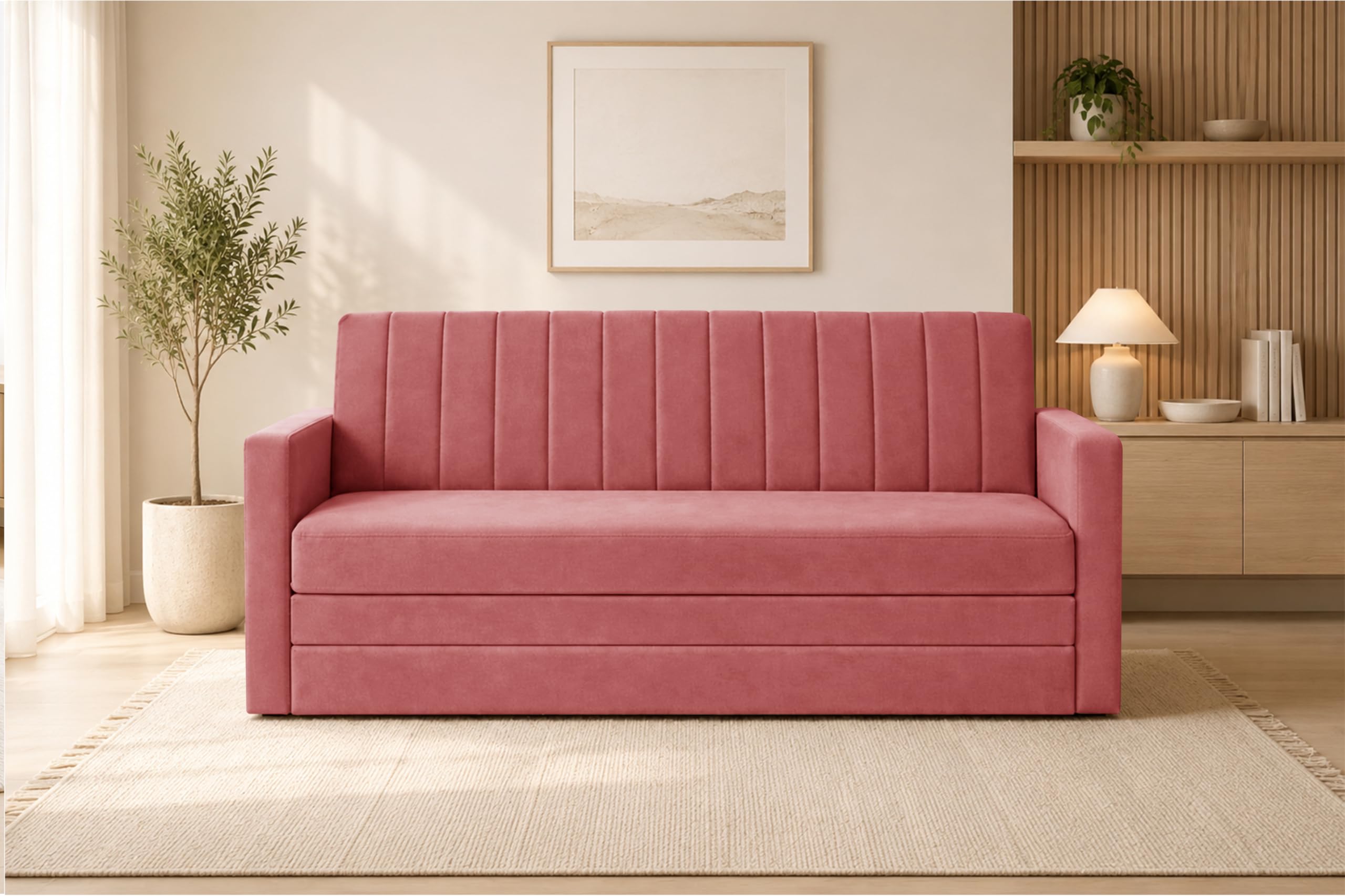 Los Angeles Modern Velvet 3-Seater Sofa Cum Bed with Armrest, Multipurpose Convertible Sleeper Couch Sofa for Living Room, Bedroom & Office- Rose Pink Color