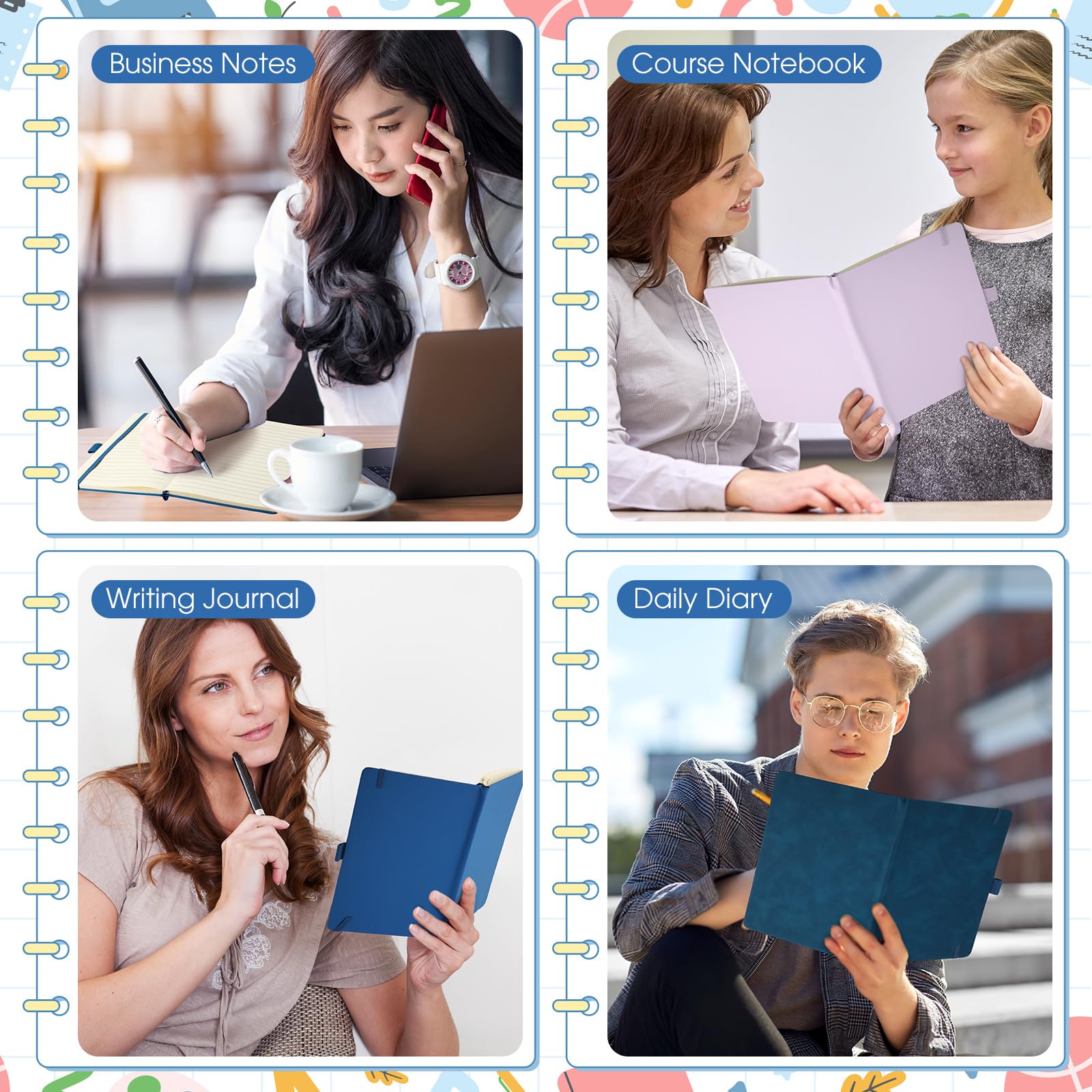 Laumoi Paquete de 14 cuadernos rayados de 5.5 x 8.2 pulgadas, cuaderno de tapa dura A5, bloc de notas con rayas universitarias con soporte para bolígrafo, diarios rayados de piel sintética para
