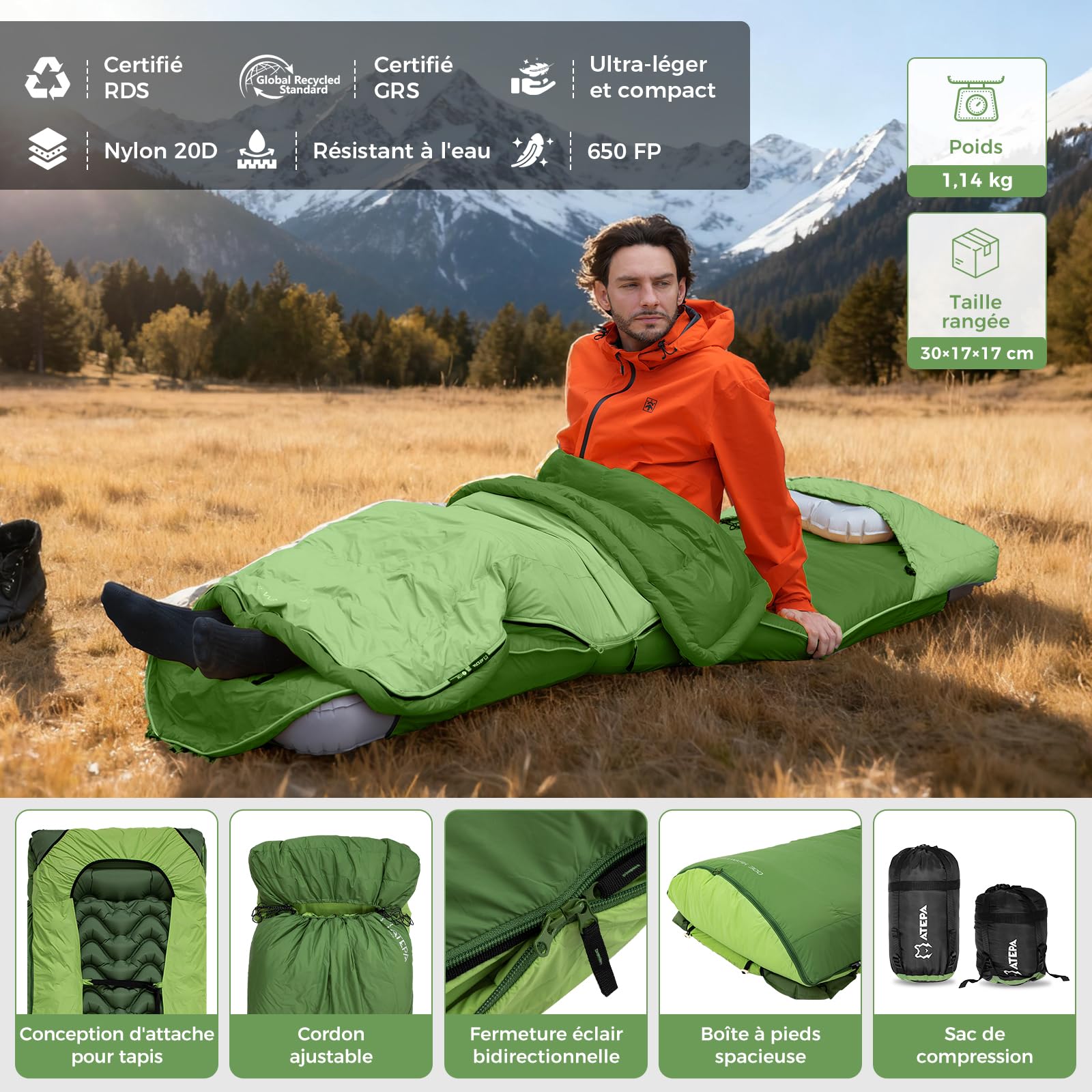 ATEPA Sac de couchage en duvet, sac de couchage d'extérieur pour la chaleur et l'eau, 3 en 1, convient pour 3 saisons, idéal pour les adultes en voyage, camping, peut être combiné avec un tapis