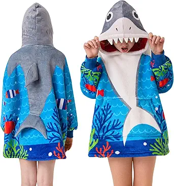 MIZZEO Kids Wearable Blanket Hoodie, Oversized Sherpa Wearable Blanket with Hood Pocket and Sleeves for Toddlers, Cute Hoodies 6-10 Year Old Girls Youth Birthday Gifts (shark)