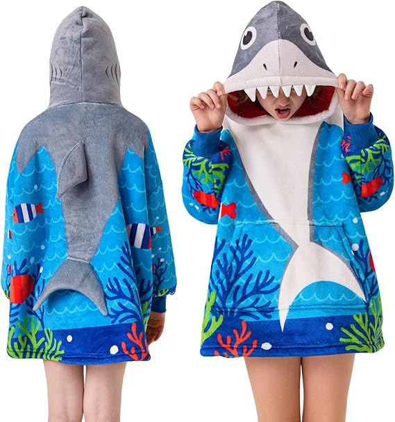 MIZZEO Kids Wearable Blanket Hoodie, Oversized Sherpa Wearable Blanket with Hood Pocket and Sleeves for Toddlers, Cute Hoodies 6-10 Year Old Girls Youth Birthday Gifts (shark)