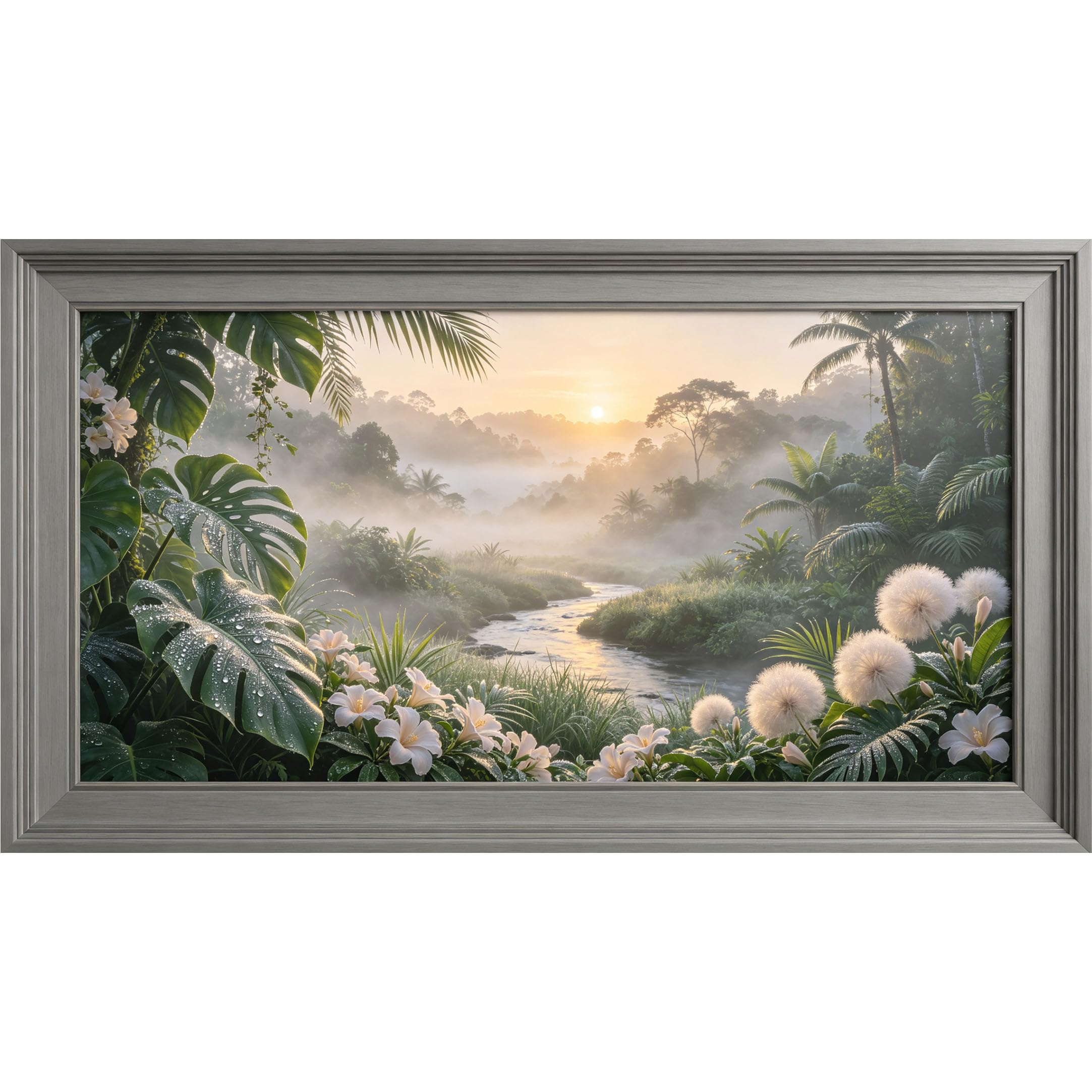 QZLITHOTIC 50×100cm 3D Framed Wall Art， Tropical Jungle Sunrise River Botanical Landscape Self?Adhesive Mural， Water?Activated Peel & Stick Fabric Decor Wall Decal for Bedroom Living Room
