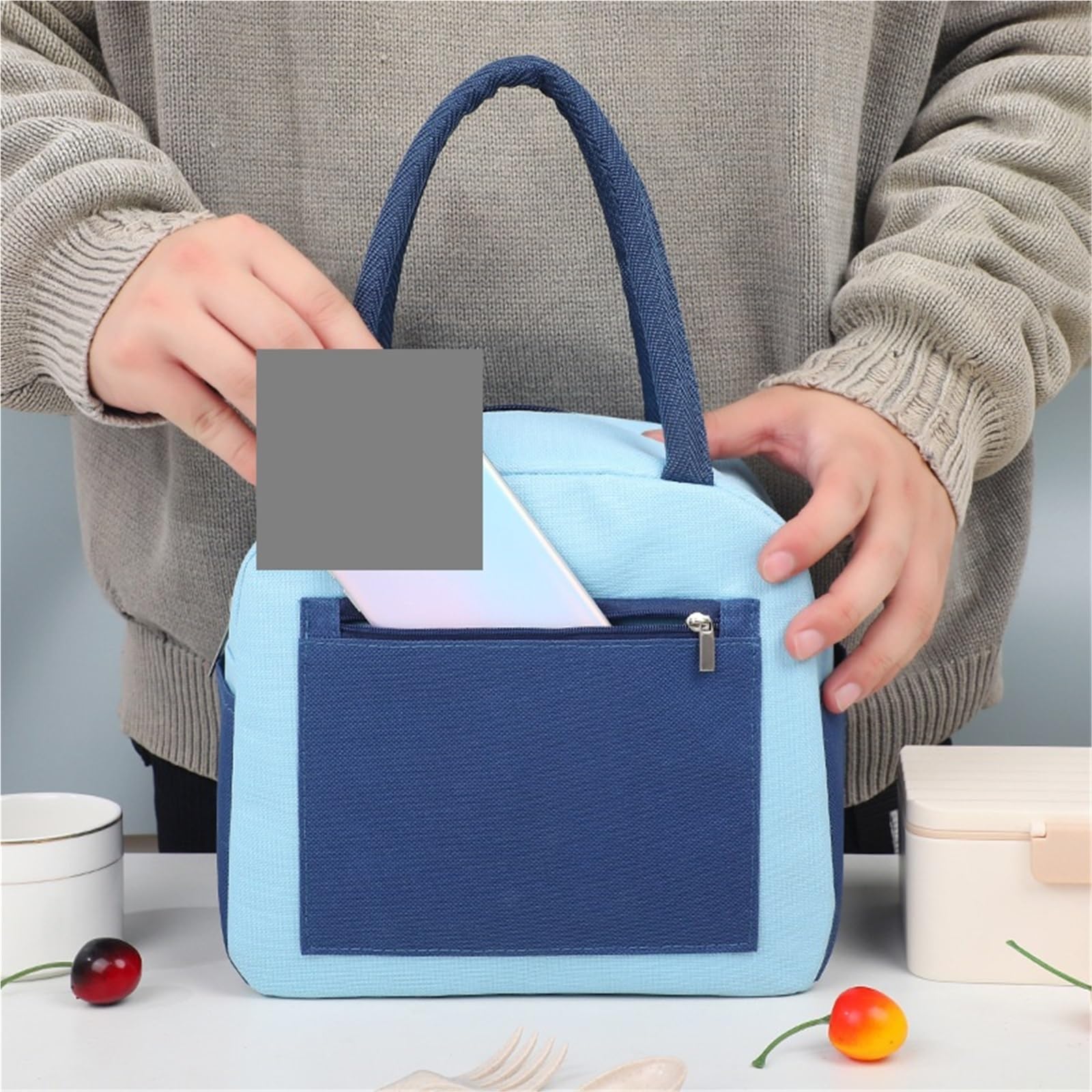 Bolsa De Almuerzo Bolsa Bento Bolsa con Aislamiento térmico Reutilizable for Fiambrera de Oficina Bolsa Bento para Oficina，Picnic(Blue)