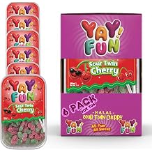 Halal Sour Twin Cherry Gummy Candy | 6 Pack Bundle 6x7 oz Tubs | Chewy Sugar-Coated Cherry Gummies | Resealable Tubs in Bulk with Display Box | Halal Bulk Sour Gummy Candy for Parties & Sharing