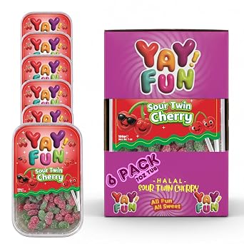 Halal Sour Twin Cherry Gummy Candy | 6 Pack Bundle 6x7 oz Tubs | Chewy Sugar-Coated Cherry Gummies | Resealable Tubs in Bulk with Display Box | Halal Bulk Sour Gummy Candy for Parties & Sharing