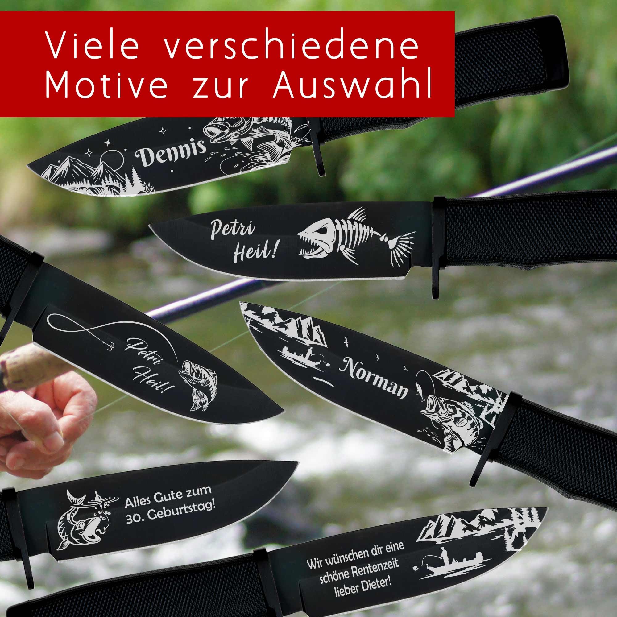 Schwarzes personalisiertes Angelmesser – Geschenk für Angler mit Gravur – Outdoor- und Campingmesser mit Messerscheide (ohne Ständer)